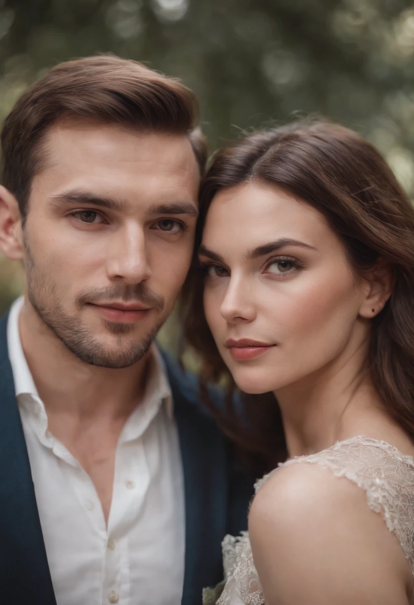 a husband and wife,looks into camera