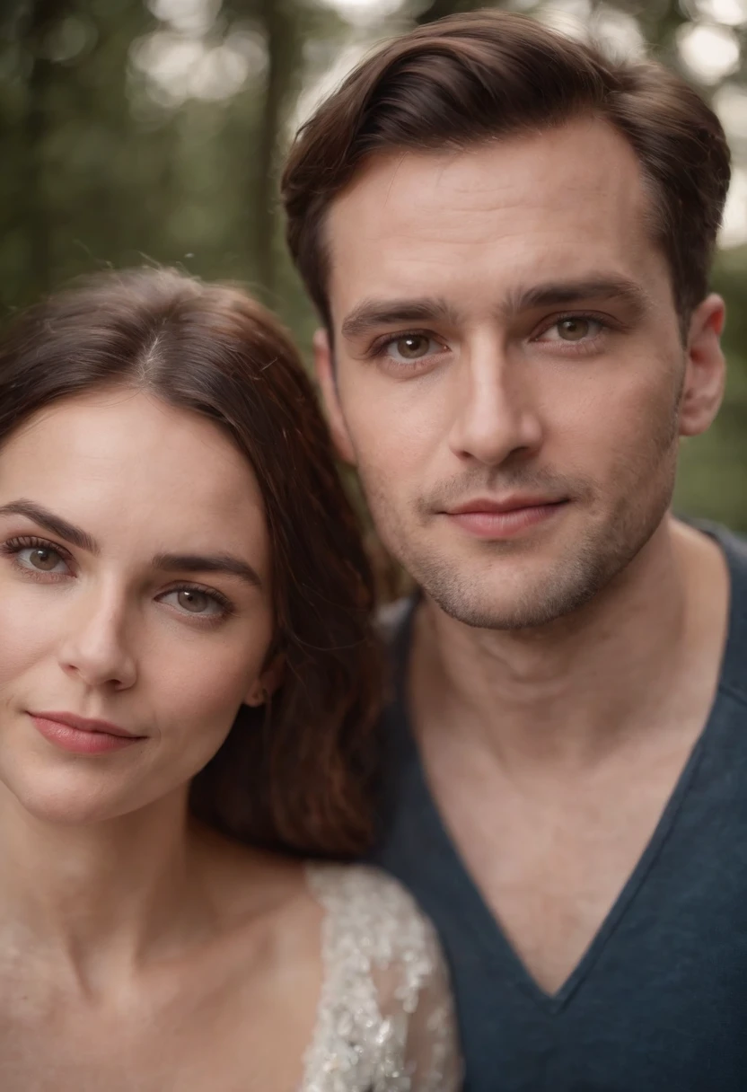 a husband and wife,looks into camera