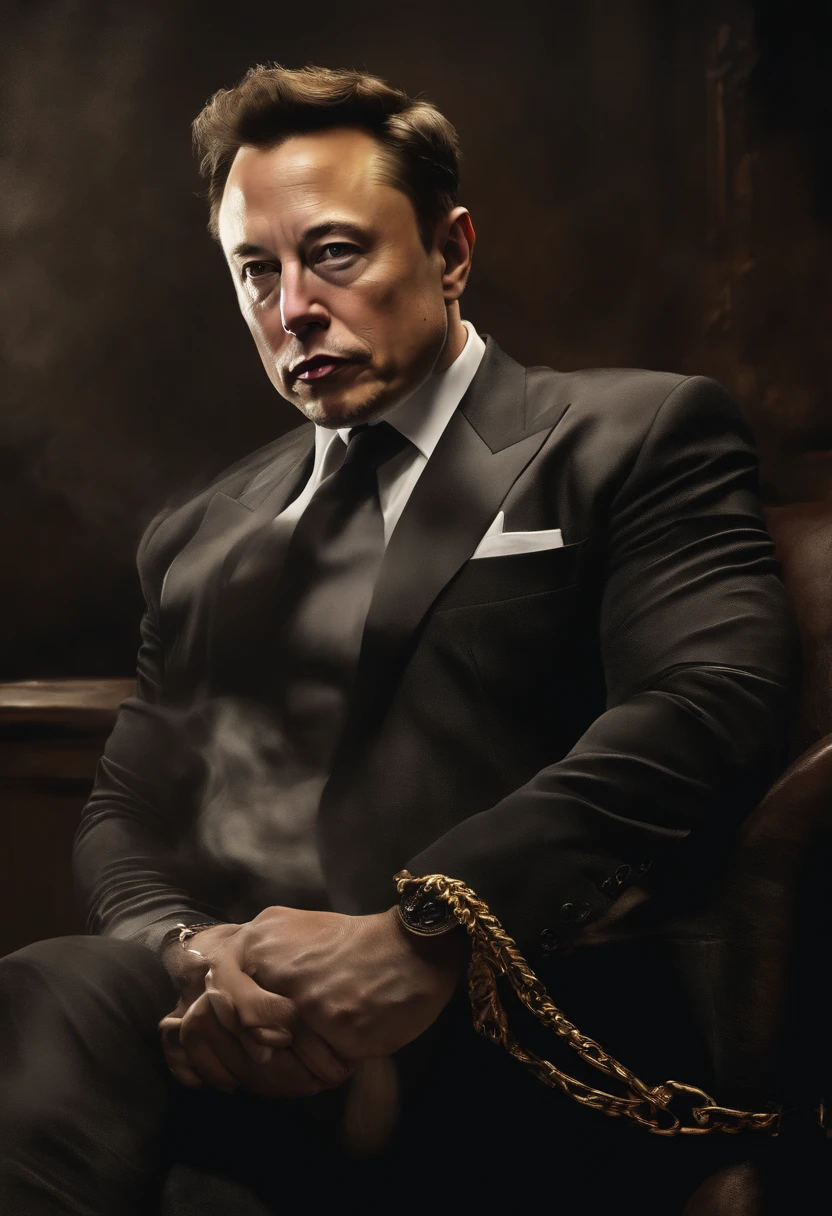 Elon Musk fighting money, Oil Painting, Harsh brush strokes, Dramatic Lighting, intense expression, Determined eyes, hold fists, sweat dripping down his face, Wrinkled suit, broken chains, Crumbling dollar bills, Crumbling Stock Market Graph, Smoke rises in the background, Black and white with a touch of gold, Realism. (Best Quality, hight resolution, Ultra-detailed), (Realistic:1.37), Professional, Vivid colors.