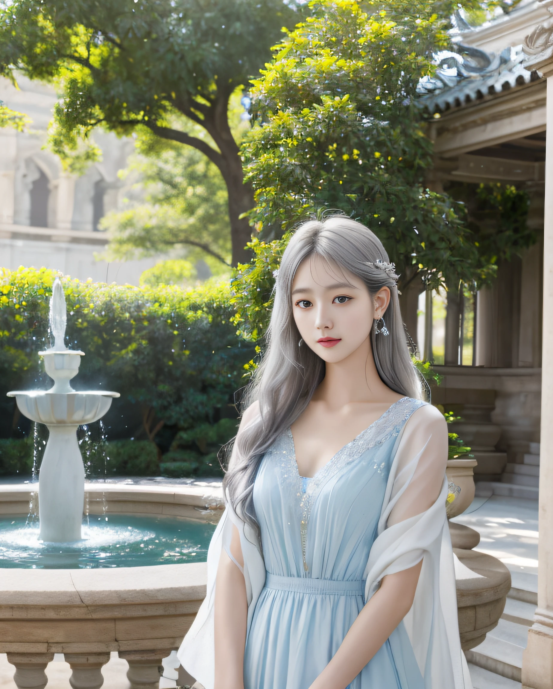 Yukino, Silver hair and blue eyes, Light shirt and braless with delicate design, s, Clan of God,cart,A solemn atmosphere,Her expression is solemn, , she has a cute expressive face, large brests, Red cheeks, Lustful face, Fair skin,Deities々a person々The courtyard of the palace where the inhabited, Beautiful fountain, Majestic statues, Beautiful flowers,Ethereal dreamy depiction of innocent beautiful angel girl, Big hazel eyes full of life, silver hair girl, Surrounded by a soft and serene atmosphere that highlights his graceful and serene nature, Halo, art stations, Digital Painting, trending