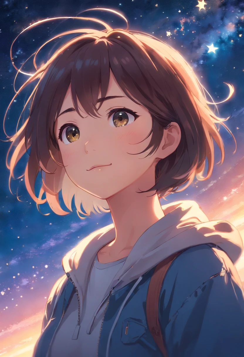 Masterpiece, best picture quality, still image, 1 girl, girl in starry sky, floating in sky, close-up, bright, happy, warm soft lighting, starry sky, (Spark:0.7)