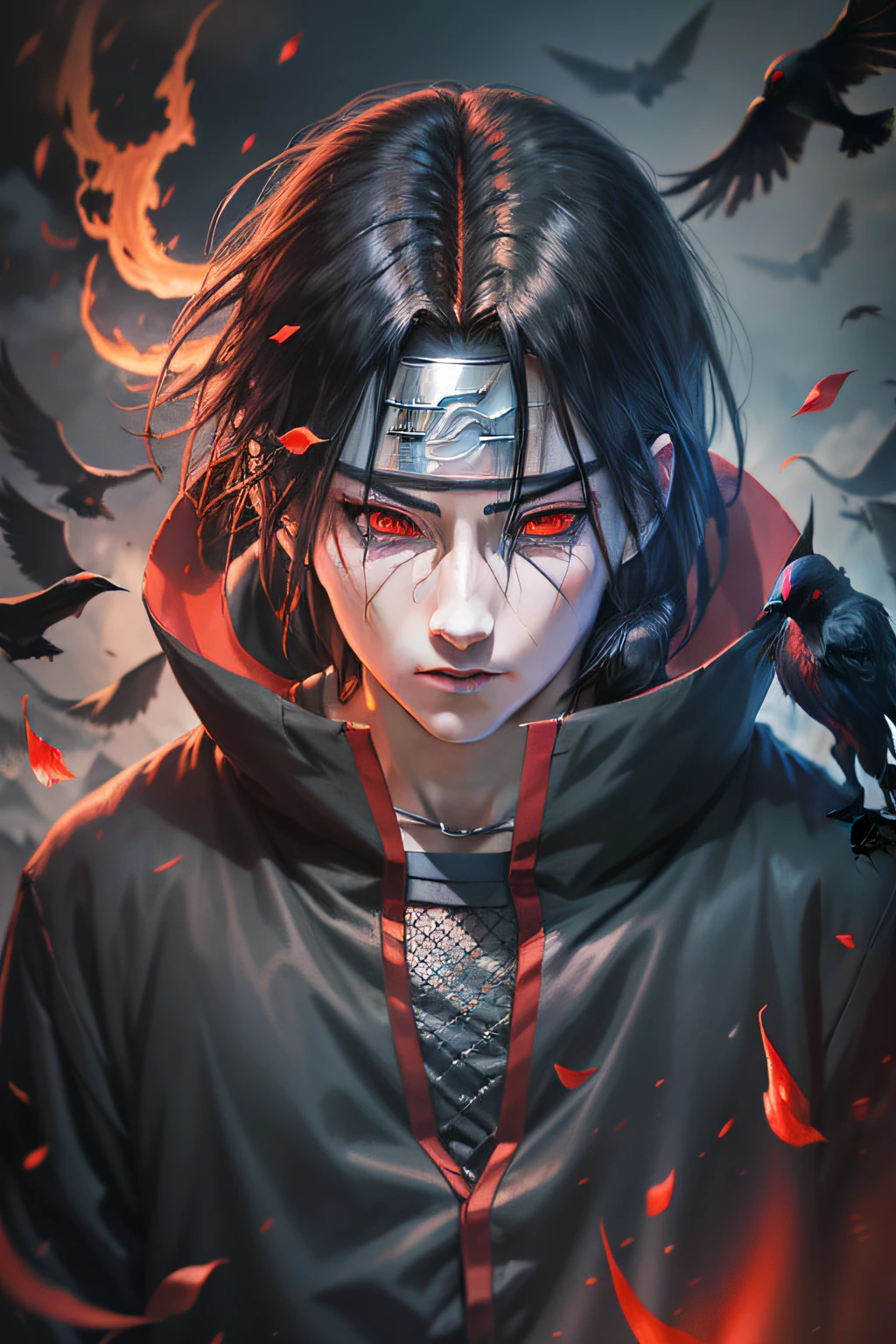 Itachi Uchiha, darkness envelops him, flaming Sharingan eyes, a raven by his side, hidden powers awaken, black flames consuming everything, an 8k vision revealing all the dark details.