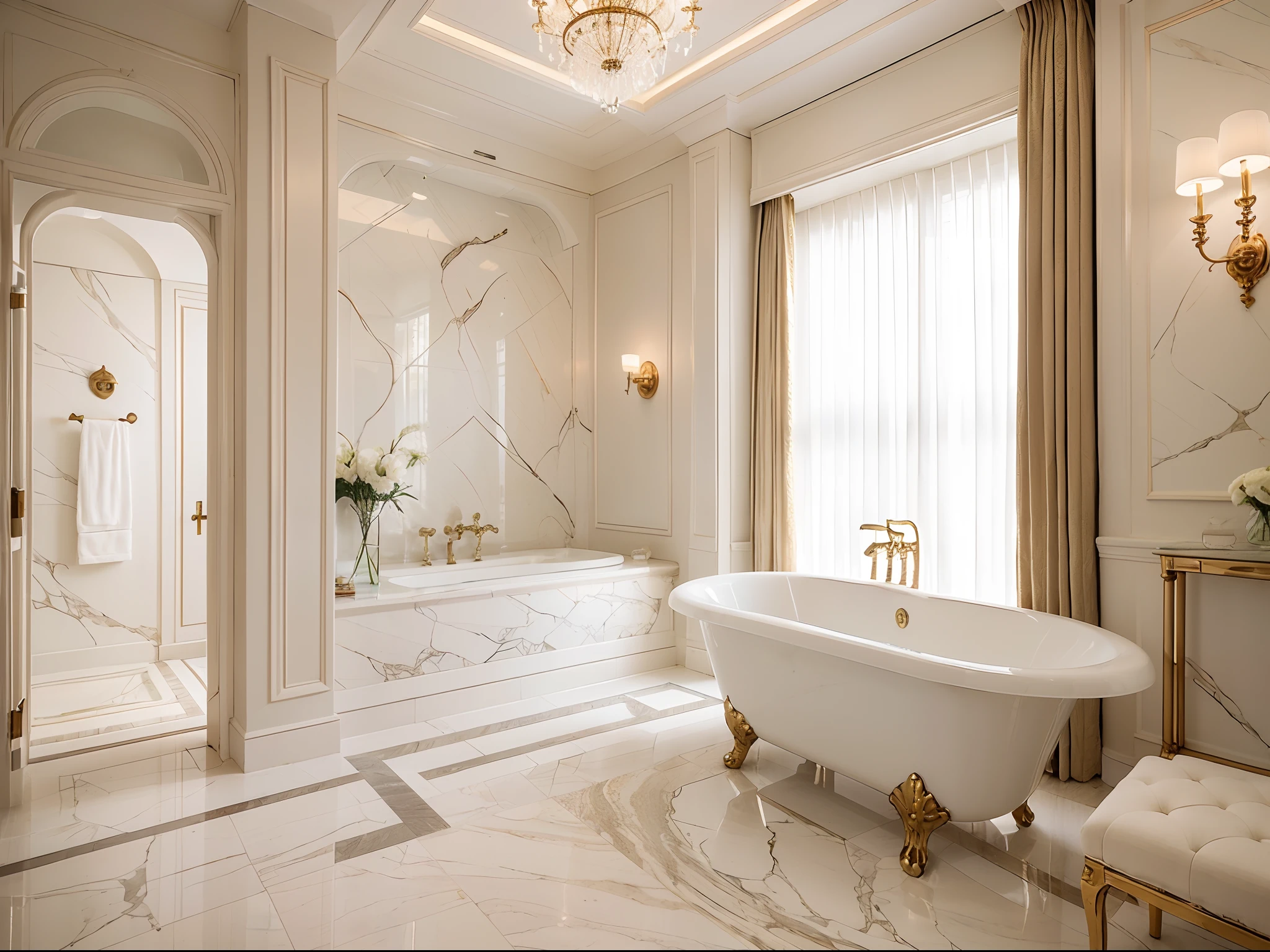 It is a chic and luxurious bathroom space。The marble floor exudes a fresh fragrance，The mosaic pattern on the wall constitutes a painting with a modern artistic feel，Delicate hand-carving creates a unique texture。Next to the bathtub is an oversized crystal chandelier，Sparkling lights illuminate the entire space，Let you enjoy the comfort of bathing in a comfortable environment。