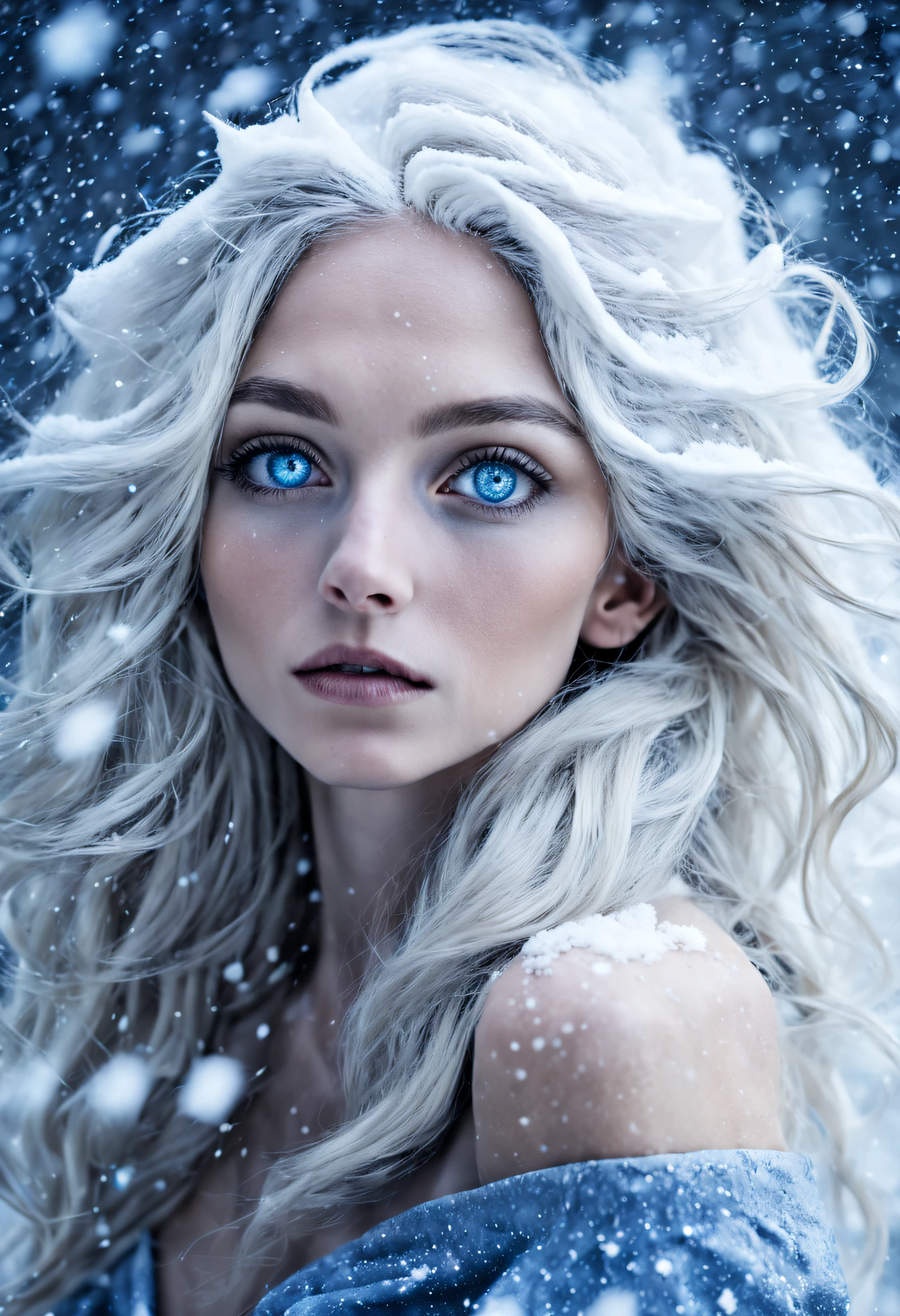 (Falling snowflakes:1.7), Portrait of a beautiful woman, Wavy white hair, Detailed blue eyes, Detailed skin, Skin texture, Light of the Universe, Silver origami stars, Glowing blue particles, back Lighting