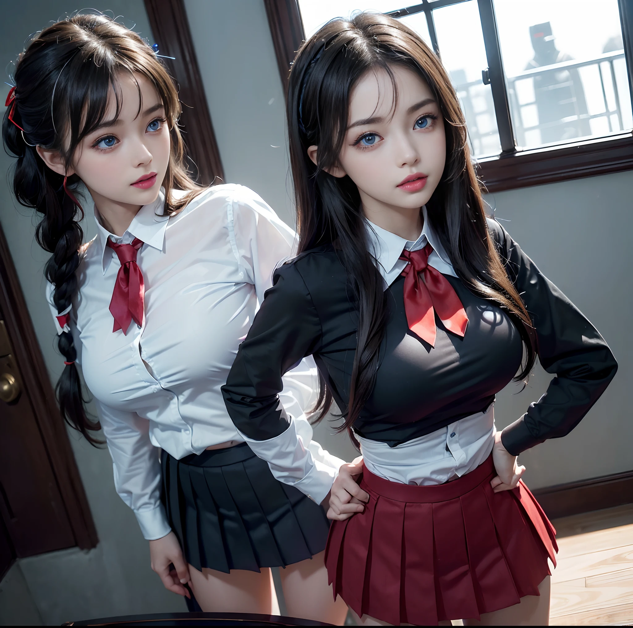 top-quality、 masterpiece、(Professional lighting without shadows)、 A hyper-realistic、 Bewitching、 perfect anatomia、 Two girls, (Girl proudly standing in front of camera shows off high school girl uniform ribbon ties、ther gire other side、Bend over and stick your butt out tds the camera), ( Huge breasts:1.2), and even whitening skin without wrinkles and steps), (Bright beautiful blue eyes with long black eyelashes and red tear bags reflected light:1.5)、 (Braided half-up hair with bangs:1.2), (Her outfit is、Dress up cramped uniform accurately:1.3), (Proudly showing off a crimson ribbon tie from the front:1.2), (Another girl on the or side、Tifully emphasize the proud ultra mini pleated skirt、Showing off a pose with the buttocks exposed from directly .3), (Beautiful face squinting in dazzling light:1.4), ssmile, ishiharasatomi,露出胸部、露出胸部、露出乳房、露出胸部、露出乳房、露出胸部、露出胸部、露出乳房,全身显示,全身显示露出胸部、露出胸部、露出乳房、