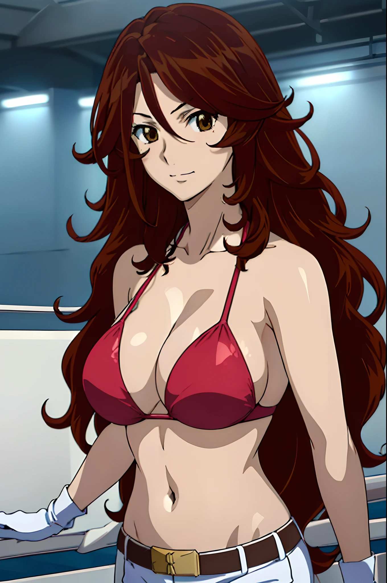 curvy midsection, solo, 1 girl, female wrestler, smile, saluting), (detailed titration screen, upper body only, anime style: 1.8, anime drawing, ultra detailed face, ultra detailed body, 4k, Sumergai Lee Noriega, (standing), best quality, anime style, hires, highest definition, digital blending, bold drawing lines, ((wwe diva), ((location: wrestling arena, crowds watching)), ( pro female wrestler, long attractive belly, slim body, (strong biceps), broad shoulders , off-shoulders, closed fists, (very curvy: 2.8)), ((elegant red bikini , shorts, white gloves, collar, arm band, (champion belt))), (pale skin, very big breasts, closed mouth, teeth), (big eyes, brown eyes, shiny eyes), (), (reddish hair, loose hair, curly hair, wavy hair, long hair, missy hair), 27 years old