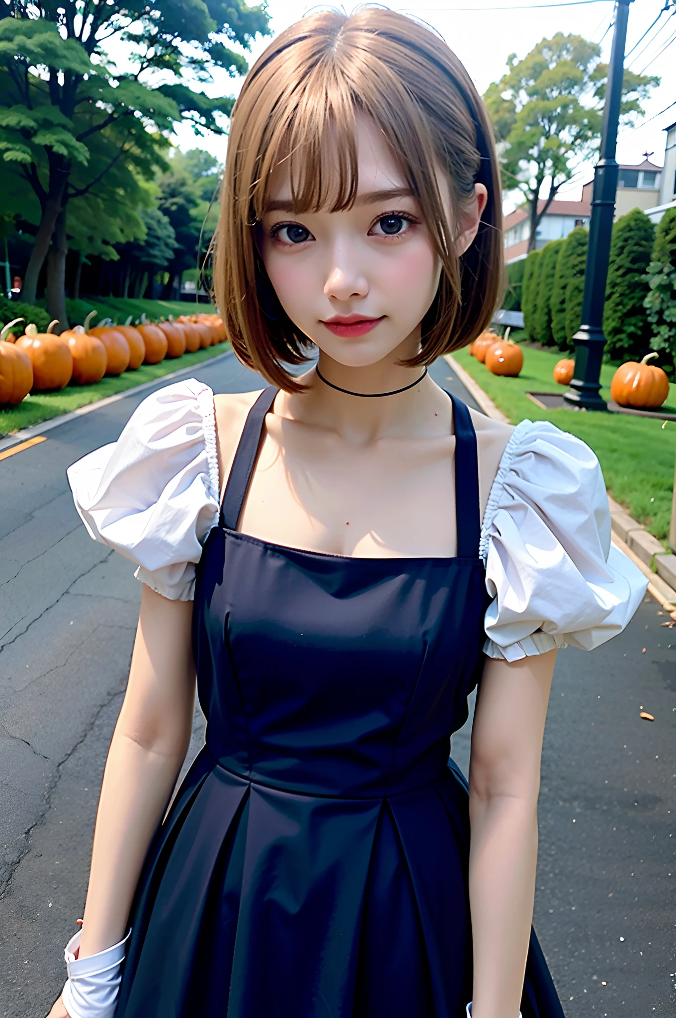 masterpiece, top-quality、Raw foto, Photorealsitic、I am a 15 year old girl、a blond、a short bob、Enjoy mummy cosplay、Bandage the head、Bandage your arm、Bandage the leg、Halloween、during daytime、outside of house、Jack-o'-lantern、chandelle、the bats、dead wood、spider webs、unbelievable Ridiculous、depth of fields, hight resolution, ultra-detailliert, foco nítido, Cinematic lighting