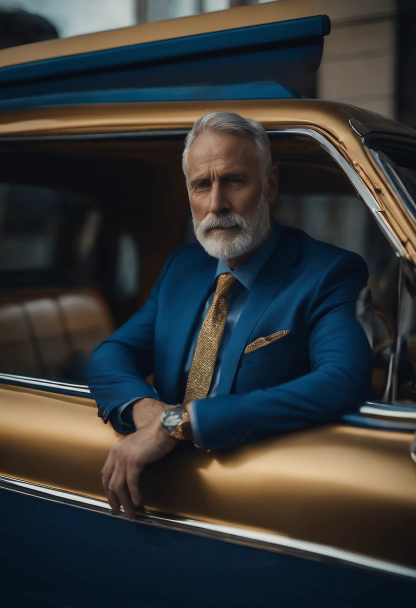 Portrait of a graying man in blue suit with golden shirt blue pants brown shoe in front of a blue vehicle with gold