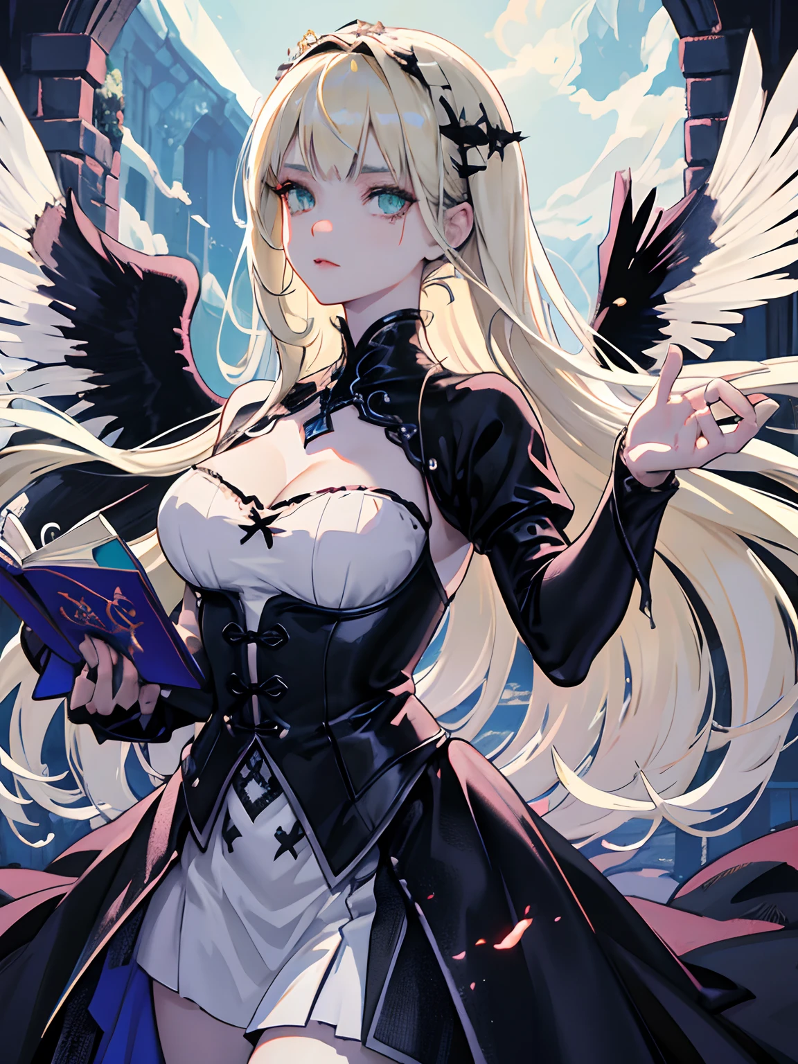((masterpiece, best quality)), (1girl), (solo), (female focus), (ash blonde hair, long hair), green eyes, arms behind back, sad eyes, cold facial expression, cold look, gothic dress, pale skin, colour grading, dark illustration, extreme quality, radiant, extremely detailed, ultra-detailed face, ultra hd 8k, ultra digitality, mythical, dark lightning, perfect face, beautiful, (perfect composition: 1. 4), detailed face and body, award-winning photography , fields, detailed face, detailed hands, looking at the viewer, cinematic lighting, embers, fantasy background, water splashes, foggy haze, (necromancer), (villain), faux traditional media, (masterpiece, best quality, ultra-detailed, best shadow), (beautiful detailed face, feminine features), (best illumination), ((cinematic light)), colorful, hyper detail, dramatic light, intricate details, (dark circle under eyes), gothic, decadence, stunning, eerie