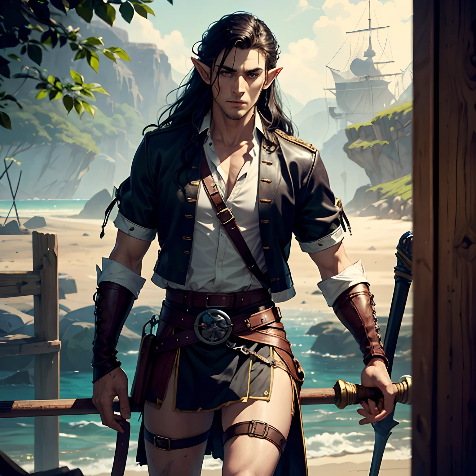 Lonely male elf. a pirate. ah high. pale skin. Long black hair. A manly face. scar on face. without a beard. Leather Armor with Shirt. Long knee-length kilt. rapier. stands. On the island