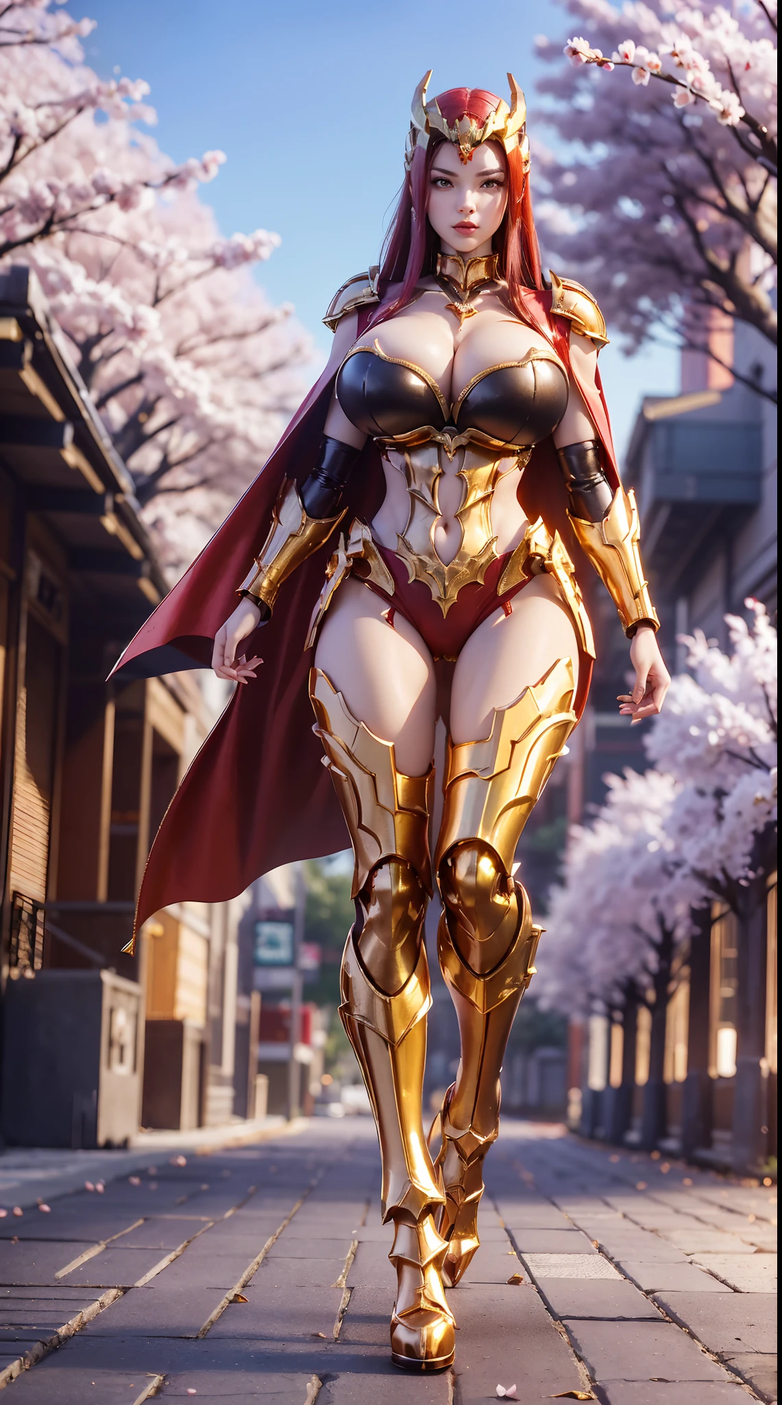 1GIRL, SOLO, (ssmile, makeup, beautifull eyes, red libs), (gold dragon helmet:1.4), (BIG BUTTOCKS, HUGE BOOBS:1.4), (DRAGON GUARD ARM, GLOVES), (red, black), (MECHA CYBER SHINY ARMOR SUIT, ROYAL CAPE, CLEAVAGE, SKINTIGHT HOTPANTS, HIGH HEELS:1.4), (MUSCULAR BODY, SEXY LONG LEGS, FULL BODY:1.5), (MUSCLE ABS:1.2), (LOOKING AT VIEWER:1), (WALKING DOWN ON STREET CHERRY TREES IN THE MORNING:1.3), PHYSICALLY-BASED RENDERING, ULTRA HIGHT DEFINITION, 8K, 1080P.