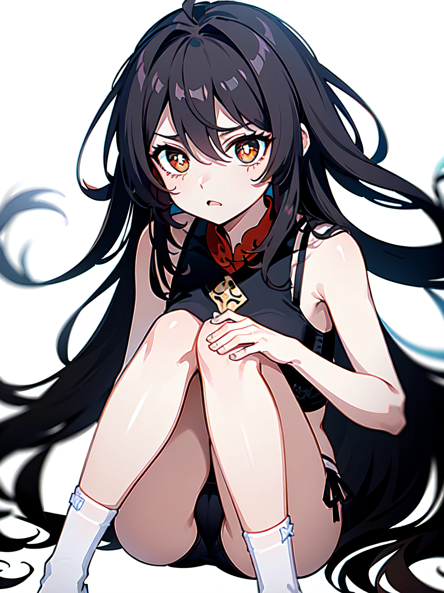 masutepiece, Hu Tao(GenshinImpact), slovenly, symbol-shaped pupils, Black bra and panties, Shy, Surprised, Simple background, White background, Detailed face、(Sit with your knees bent on the white floor),