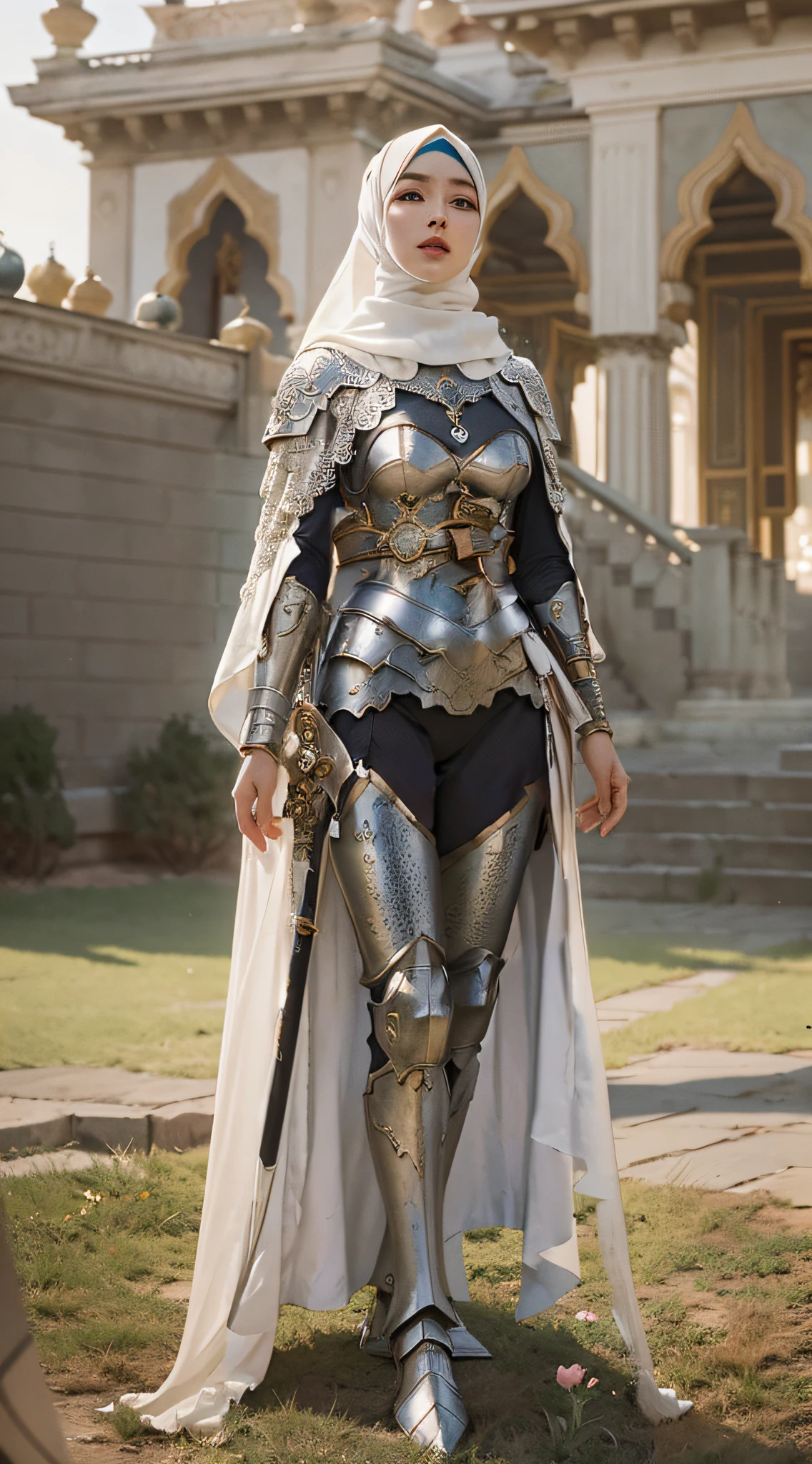 a beautiful woman, wearing cape hijab, whole body covered by battle armor, standyng on the flower garden in front yard of a mosque, holding sword, chest armor accessories, elegant style pose, kpop idol face, perfect face, perfect body, big chests,