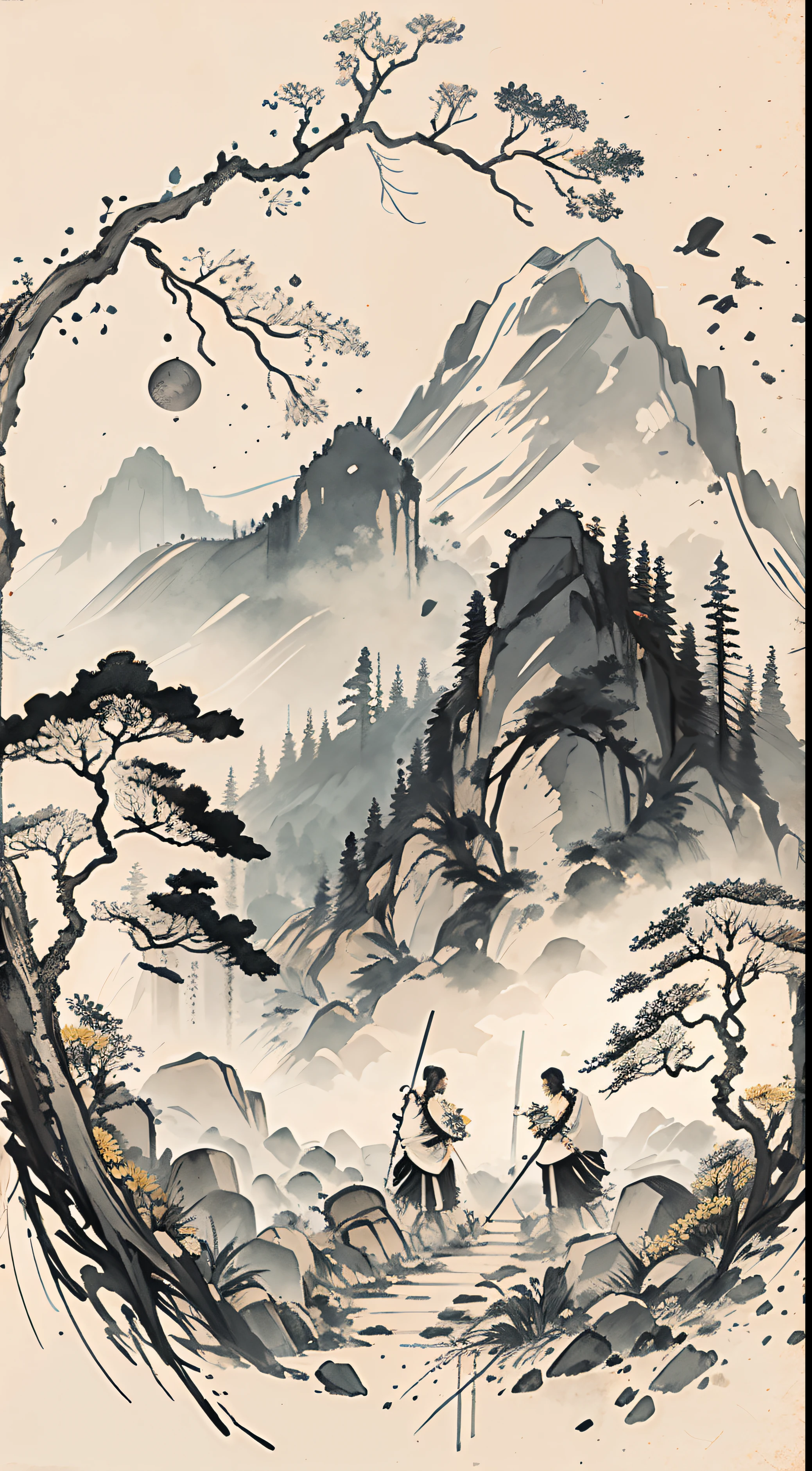 （tmasterpiece，best qualtiy：1.2），（No_Humans），mountain in the distance，Tradition Chinese Ink Painting，house，grave stones，grassy fields，chrysanthemums