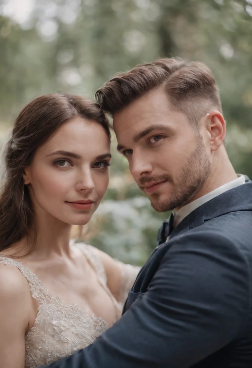 a husband and wife，looks into camera