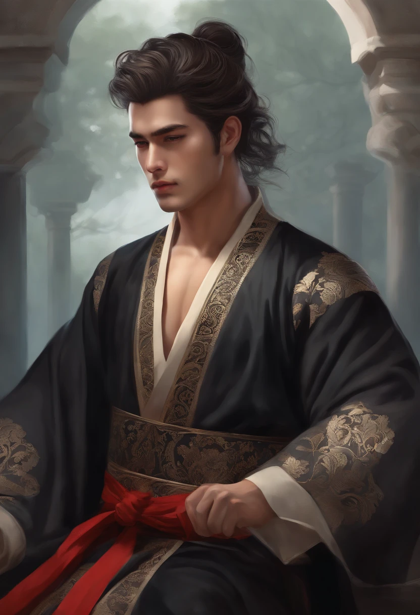 Primer plano de un hombre de pelo corto sosteniendo una espada,Hombres aleman,Hanfu blanco,bordado negro,Chicos guapos en el arte,Cabello negro,disheveled hair long robes,Hermosa pintura de personajes,figura de anime,Arte detallado del personaje,Personajes masculinos de anime,Cabello de color moreno,cabello rojo que fluye,escena grande