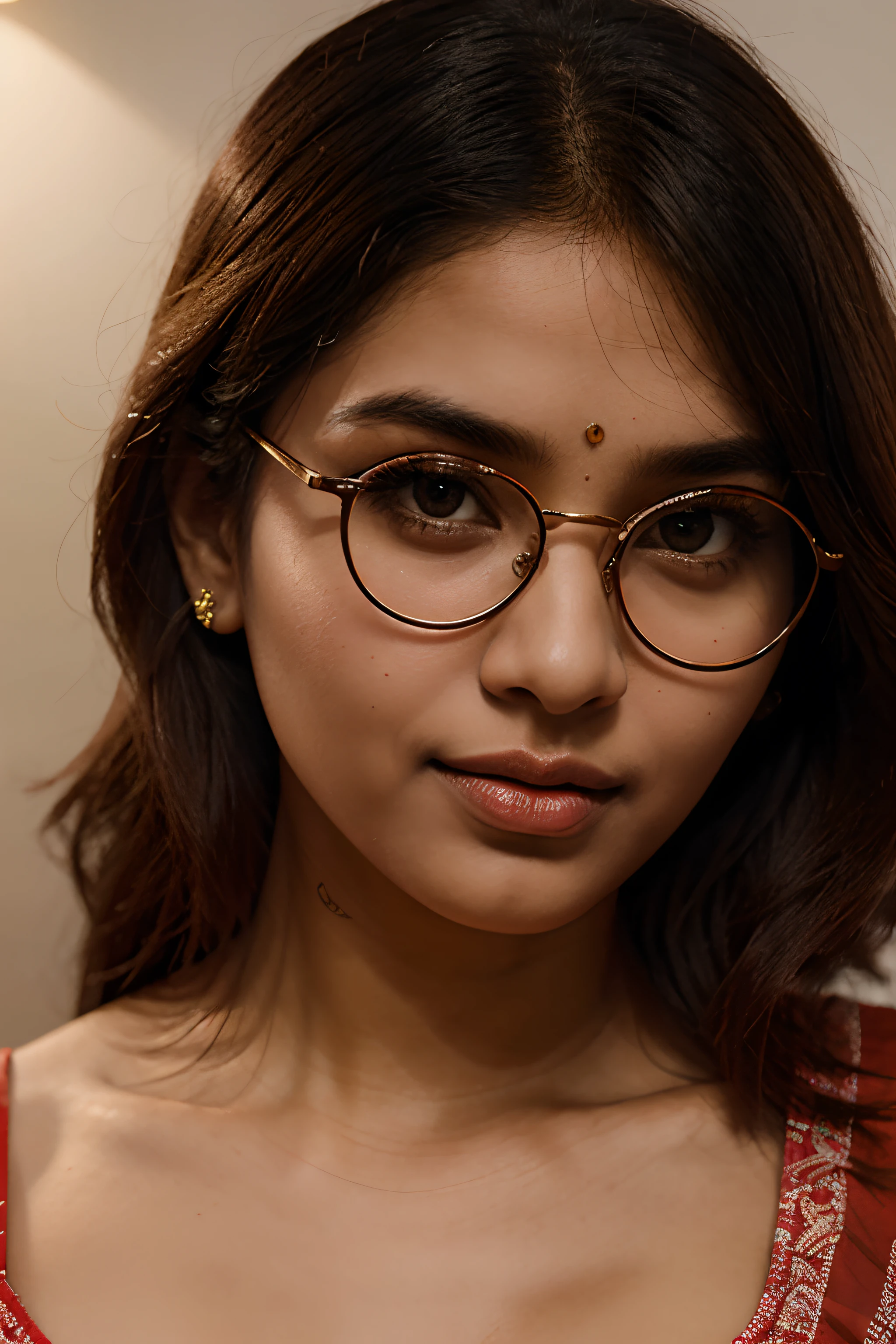 a 20 yo indian girl Tripti,long shinning black haired, blushed, confident, (long wavy ginger hair), nose ring, slim body ((madison beer:0.3), (barbara palvin:0.3), (karlie kloss:0.4)), small breasts, (hi-top fade:1.3), standing 7m from camera,pink saree,desaturated background, bokeh, light theme, soothing tones, muted colors, high contrast, (natural skin texture, hyperrealism, soft light, sharp), artistic photoshoot, superdetailed face, She wears large hoop earrings, glasses and a stylish, pink colored saree that covers tript's breasts,no bra visible,soft and warm. autumn colours,Indian,pink bra