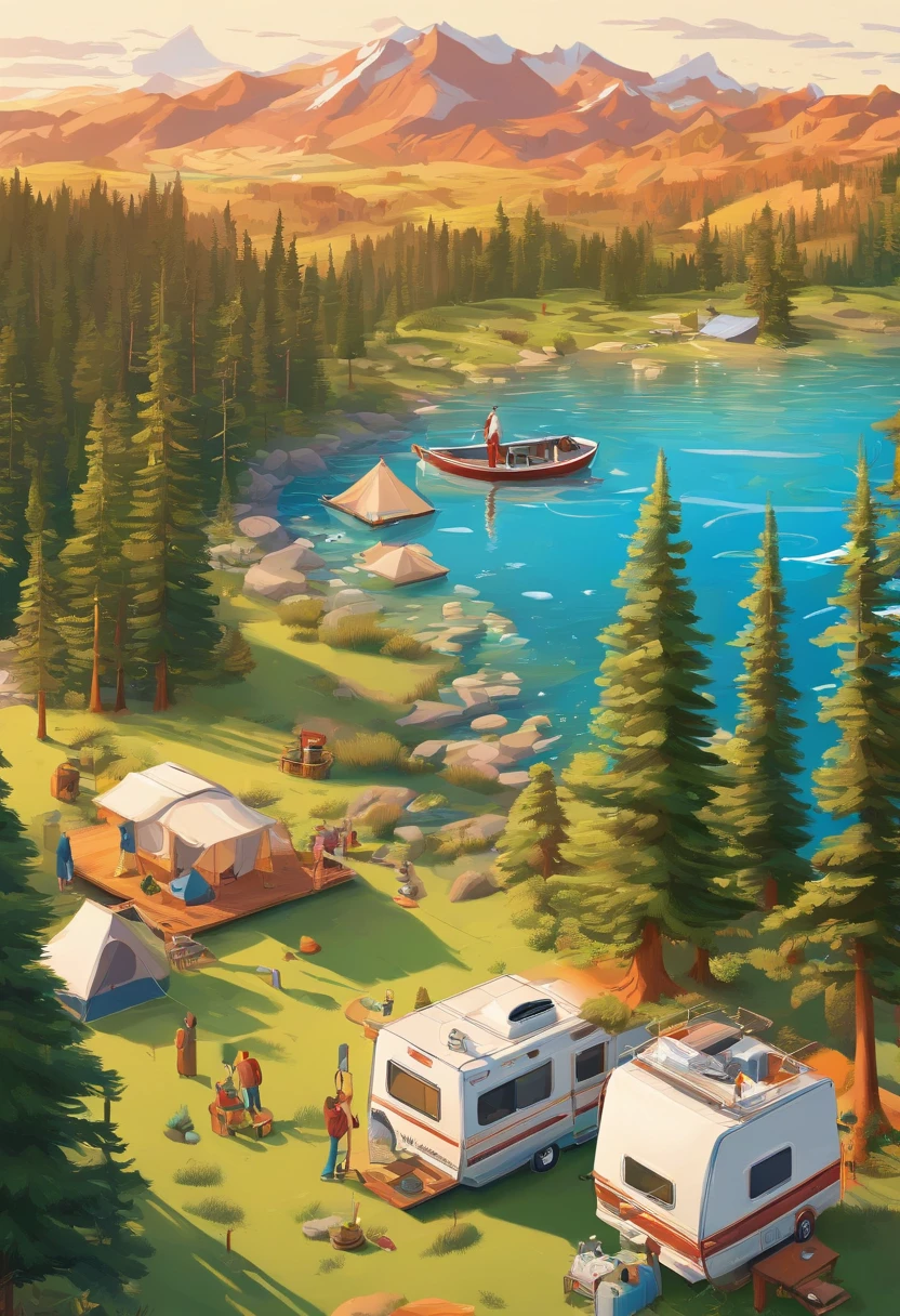 RV camping,Pop art,Albert Bierstadt,Great outdoor activities,Close-up shot,prime time,