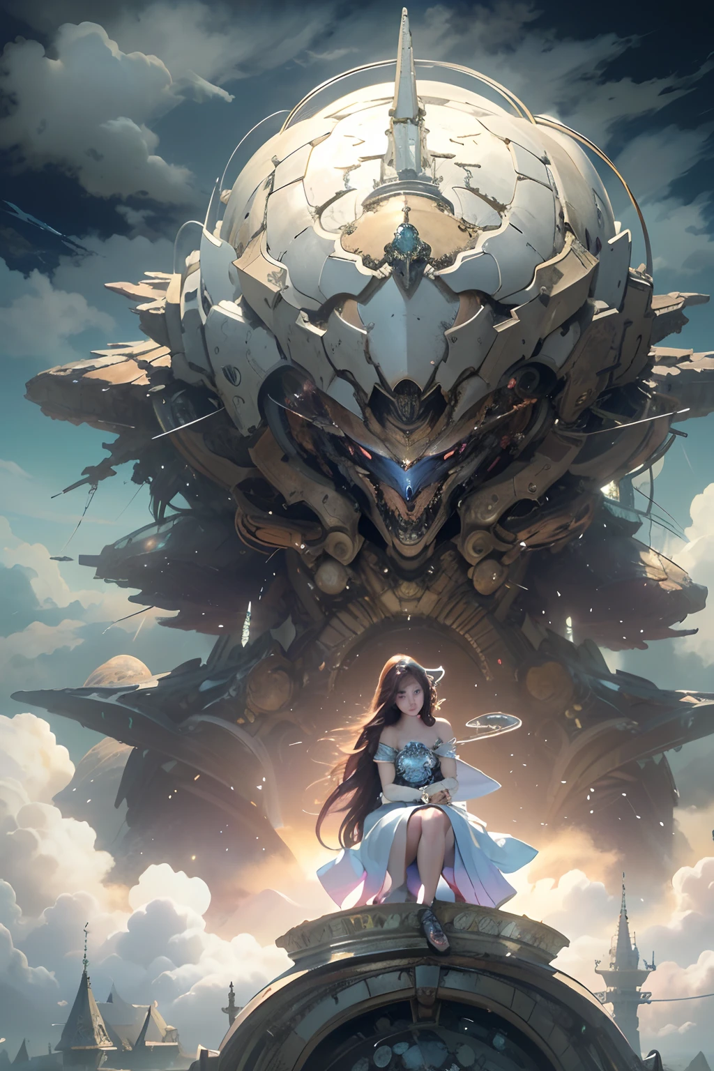((best quality)), ((masterpiece)), (detailed), giant mecha, horror beauty, perched on a cloud, (fantasy illustration:1.3), enchanting gaze, otherworldly charm, mystical sky, (Luis Royo:1.2), (Yoshitaka Amano:1.1), moonlit night, soft colors, (detailed cloudscape:1.3), (high-resolution:1.2)