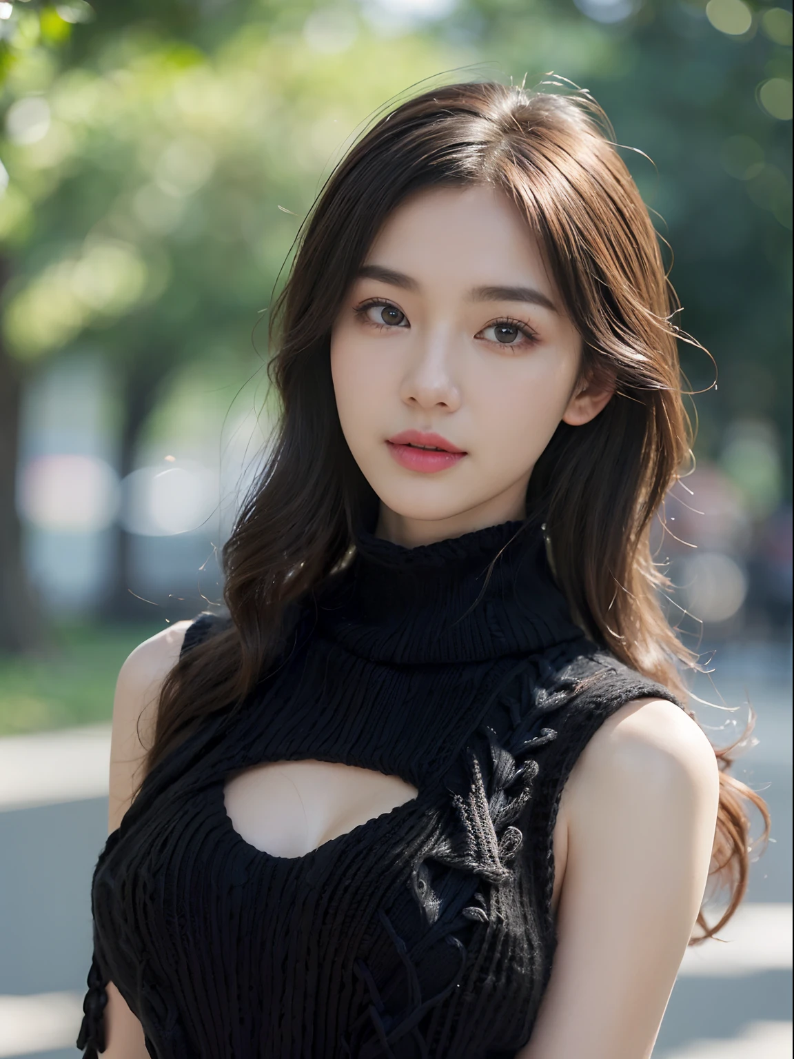 ((((top-quality))))、(((Ultra Precision CG16K Wallpapers)))、(((masterpiece)))、(((ultra-detailliert)))、(((Ultra-extreme details)))、One woman、a matural female、24-year-old woman、((Japanese face))、((extremely beautiful face))、((Semi-long cut:1.2))、(curly hair)、Bangs up to the eyebrows、Beautiful brown hair、Beautiful delicate eyes、Brown eyes、lofty nose、small nostrils、seductive lips、Beautiful breasts、C-cup size breasts、cleavage of the breast、Beautifully proportioned proportions、perfect anatomia、Beautiful and detailed shading、Beautiful natural lighting、Beautiful detail glow、depth of fields、(((a high chroma)))、((realisitic:1.9))、((Vivid:1.4))、((Beautiful skin))、((Skin texture))、dynamic ungle、((POV))、((Angle from the front))、((ssmile))、(Staring eyes)、Bright sunshine、((standing in park))、(Background blur)、((Black summer knitwear:1.5))、(sleeveless)、(turtle neck)、