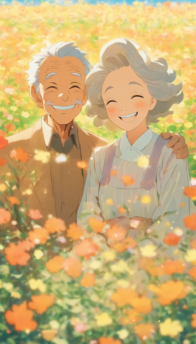 An elderly couple, blooming flower field, Light smile, Warren sack 127mm F/4.7 Ektar