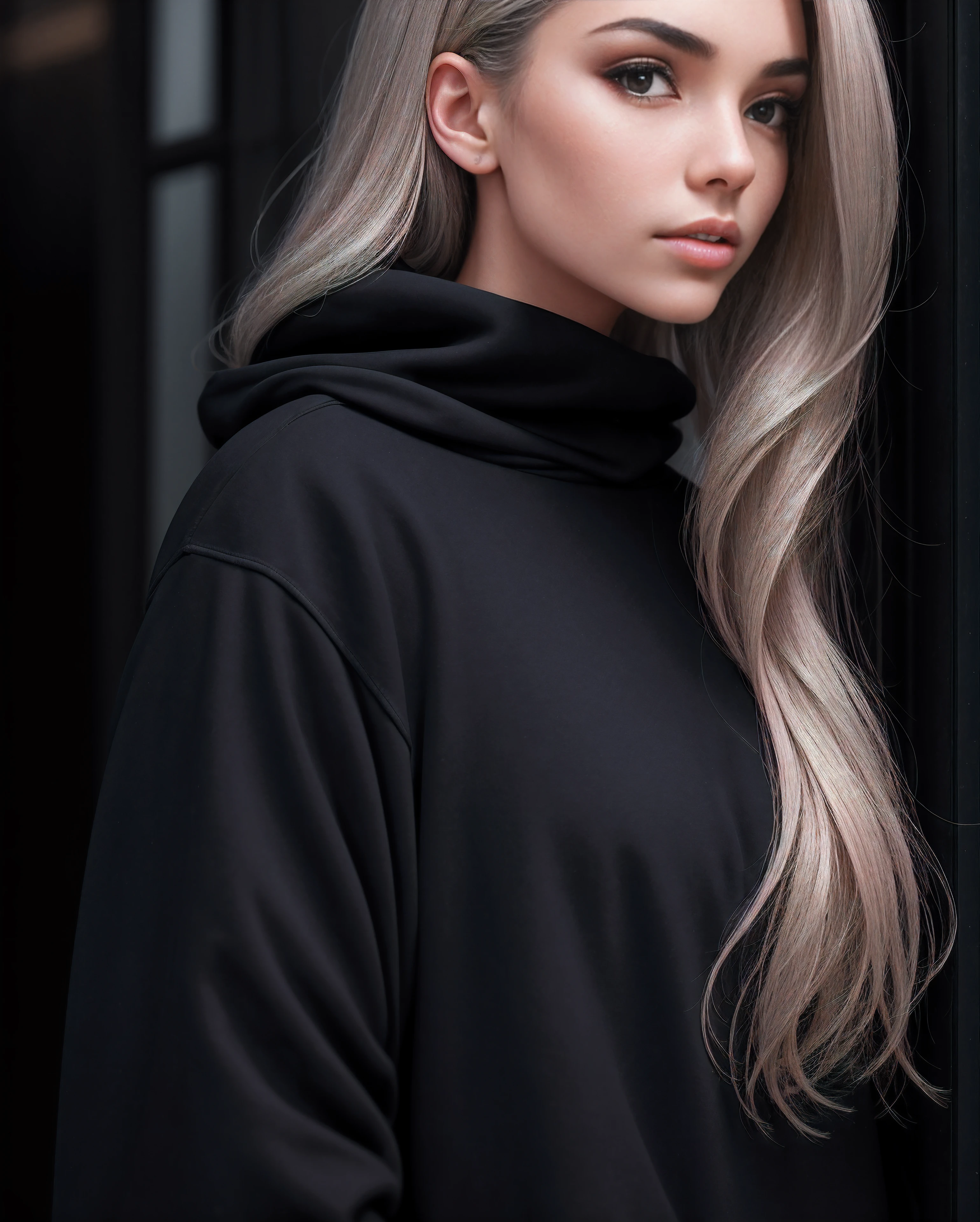 Photo of a chic young woman from a low angle in the style of Stefan Kostic, realistic skin texture, looking aside, black sweatshirt, 1 / 2 Exterior Finishes, 8 5mm art lens, F 1. 2, sharp-focus, 8K High definition, insanely detailed, Intricate, elegant, Drawn by Stanley Lau and artgerm, Lush gray hair.
