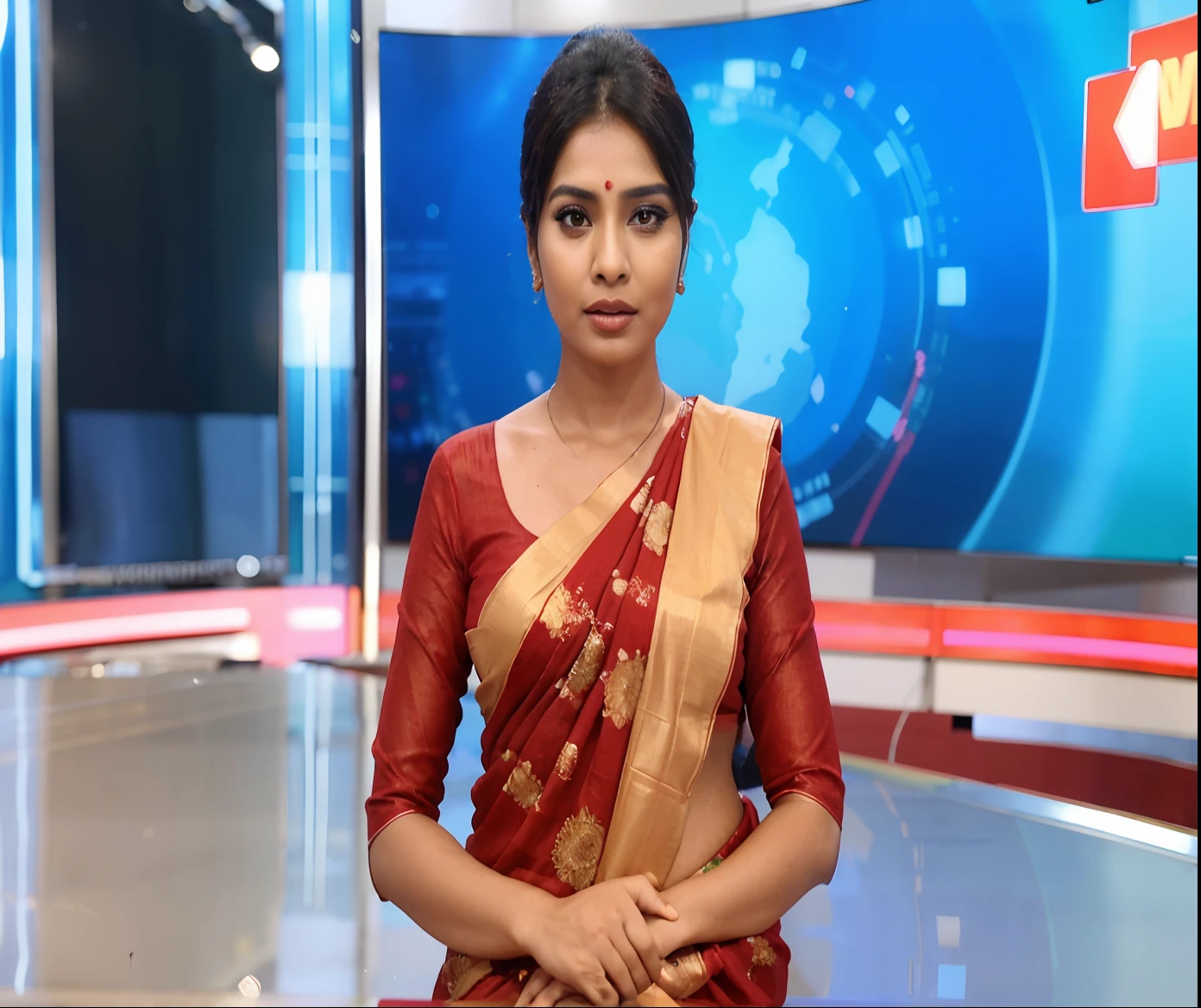 a close up of a woman in a red sari standing in front of a tv, news segment, news report, news broadcast, journalist photo, tv news, assamese, evening news program, actress, news coverage, news footage, stylish pose, high quality news footage, television, trending, wearing a sari, television still, wearing sari, journalism