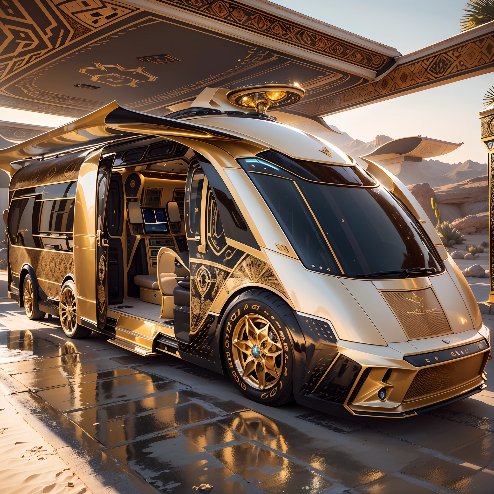 Open Arabian sci-fi luxury motorhome . A sci-fi fusion of Arabian luxury motorhomes，The entire body is covered with gold trim，inlaid gemstones，Arabic decorative motifs，A flat statue of a silver eagle adorns the front of the car，A large number of high-tech products，Streamlined，.You can see the luxurious interior of the car，The design is perfect, Combining high-tech and Arabian characteristics.The fuselage is streamlined, moving rapidly，The rear is slightly raised，Improve aerodynamic efficiency. . The body is dominated by gold, Bold, white and black. It may also have Arabic inscriptions on its body，More visible on the road。Under the light, It shows a more luxurious effect, Add a sense of technology to luxury motorhomes. . The background may be in the desert outside the future Arab megacities，Perfectcomposition，the detail，The light and shadow work best，HighestQuali，tmasterpiece