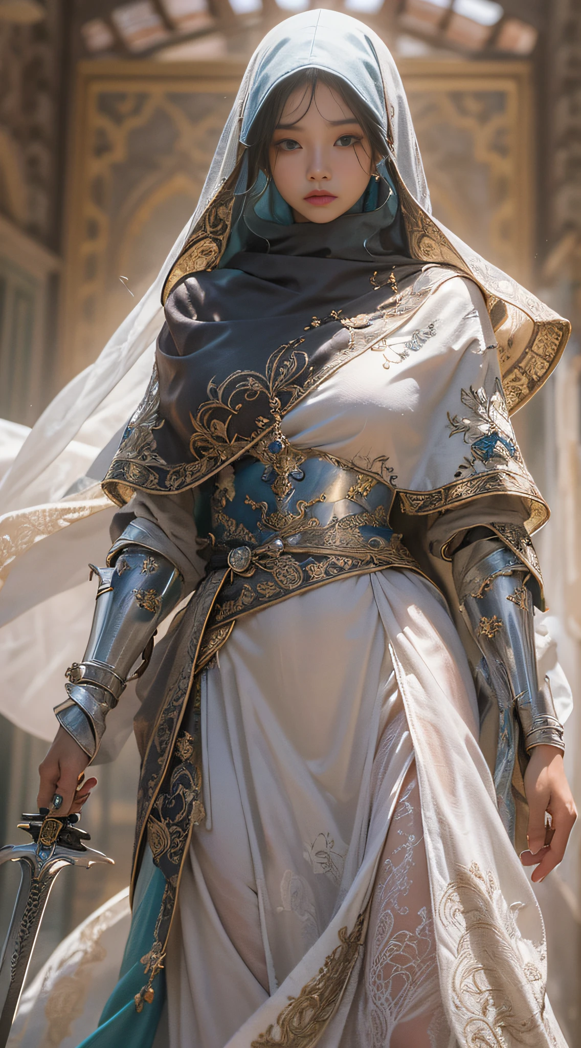 a beautiful woman, wearing cape hijab, whole body covered by battle armor, standyng on the flower garden in front yard of a mosque, holding sword, chest armor accessories, elegant style pose, kpop idol face, perfect face, perfect body, big chests,