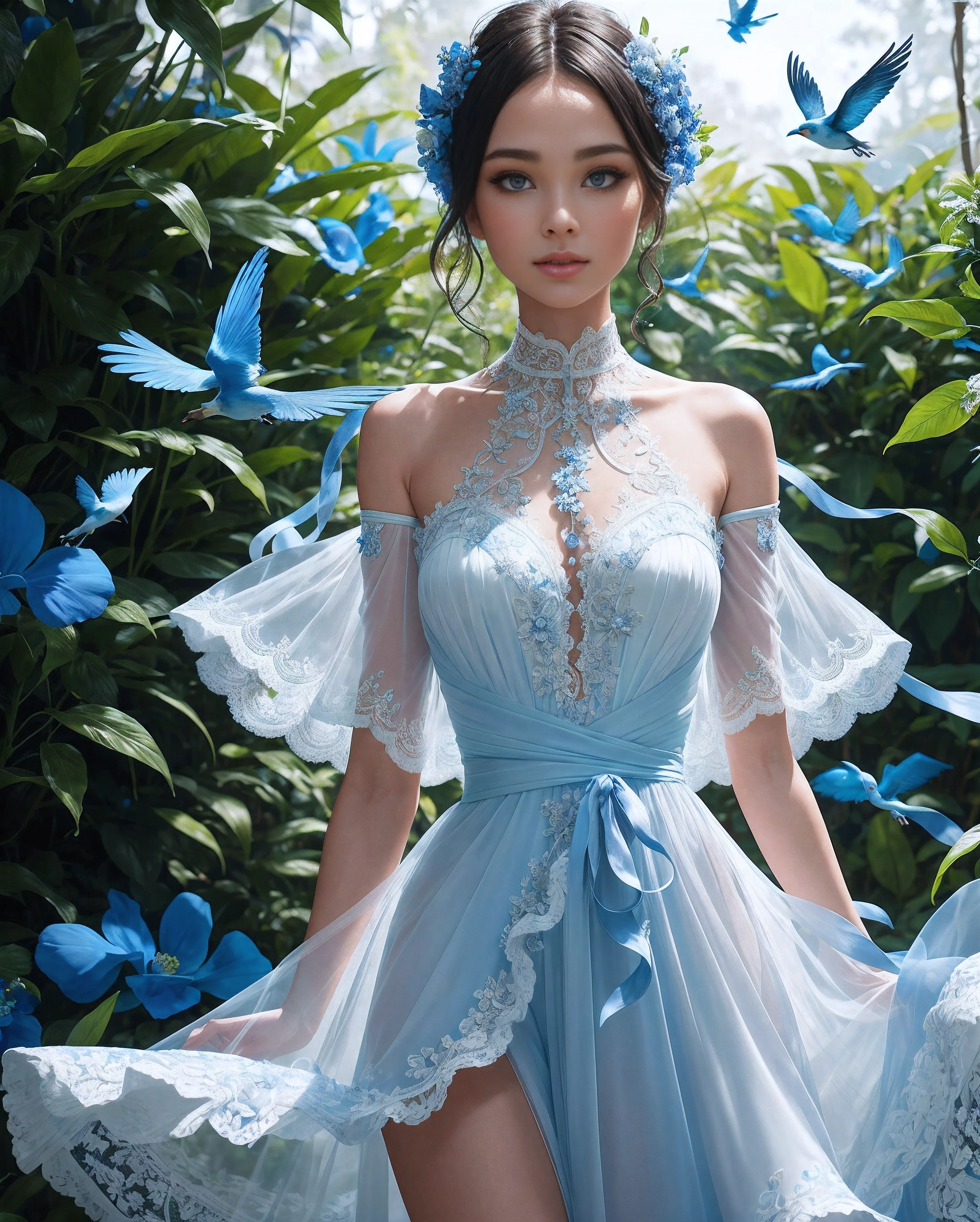 Fashion photo of blue human avatar, Entwined with flowers and blue ribbons, in a white lace dress, in the blue lush jungle with flowers and birds, 3d визуализация, .......CGI, symmetric, Octane Render, 35 mm, bokeh, 9:16, (Complicated details: 1.12), HDR, (Complicated details, hyper-detailing: 1.15), (Natural leather texture, hyper realisitc, soft light, sharpness: 1.2)