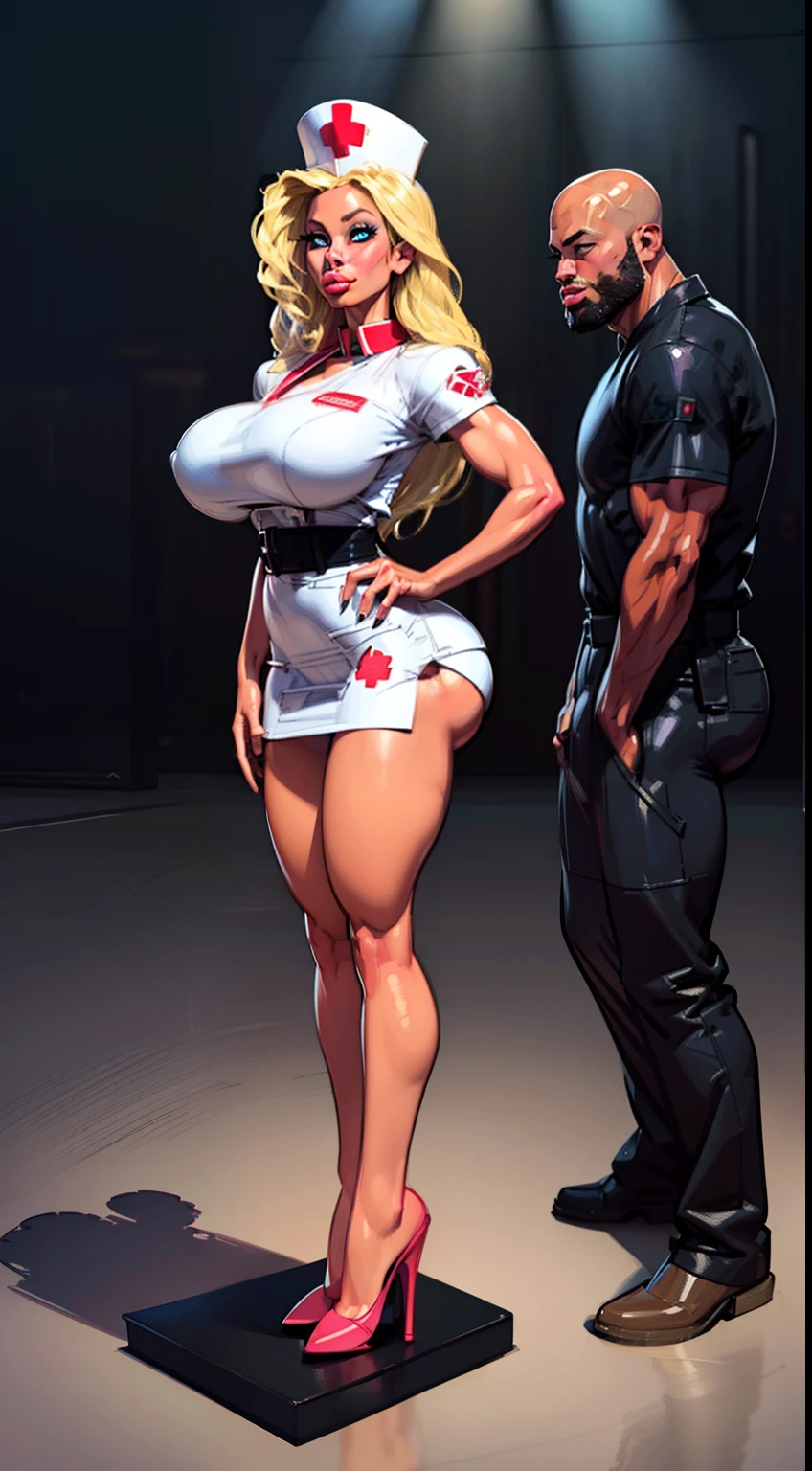 full body view, beautiful,A person prostrated on the ground, their knees and forearms bearing the weight of their body,((masterpiece:1.2)), ((best quality:1.2)), (large ass;1.5), perfect lighting, 2 blonde girl in a nightclub, wearing nurses uniform, 2 women pressing their brests, nurse hat, skirts, 2 girl, perfect eyes, perfect face, slender face, delicate face, tall, ((huge breasts)), (full bodied), wide hips, (fake lips:1.5), blue eyes, blonde hair, long hair, (((standing on pedestal)))