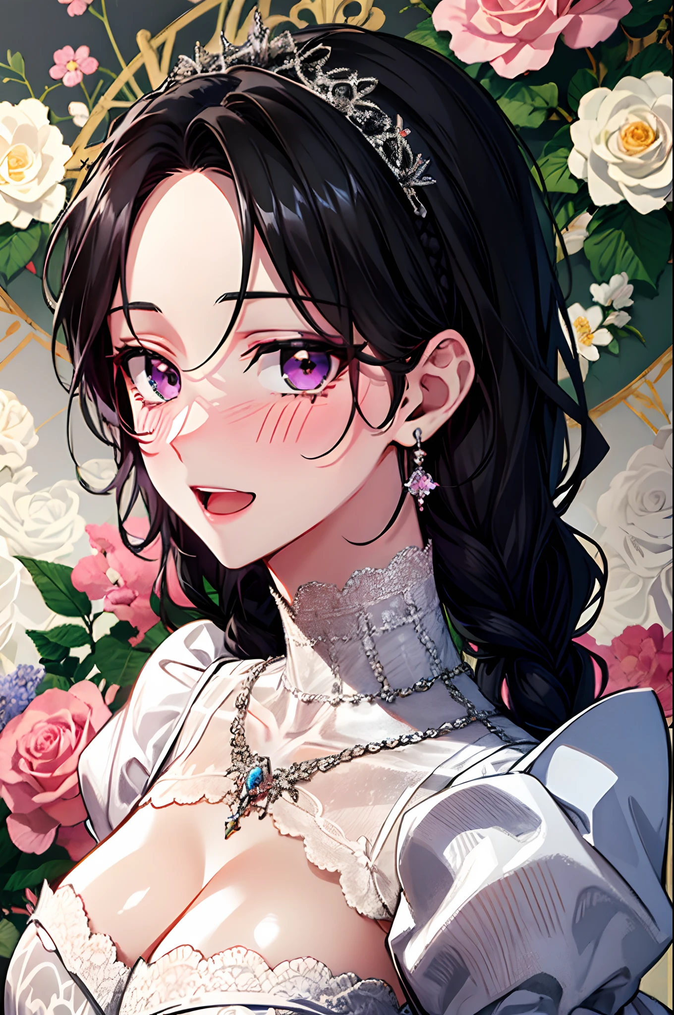 ((shoujo-style)), ((romance manhwa)), 1girl, solo, masterpiece, best quality, detailed face, blush, smile, open mouth, long eyelashes, mascara, forehead, parted bangs, black hair, (single braid), purple eyes, looking at viewer, white dress, wedding dress, puffy sleeves, elbow gloves, lace, huge breast, cleavage, tiara, jewelry, earrings, necklace, (shiny glossy skin:1.2), (flat drawing:-0.4), detailed eyes, ((floral background)), flower, black background