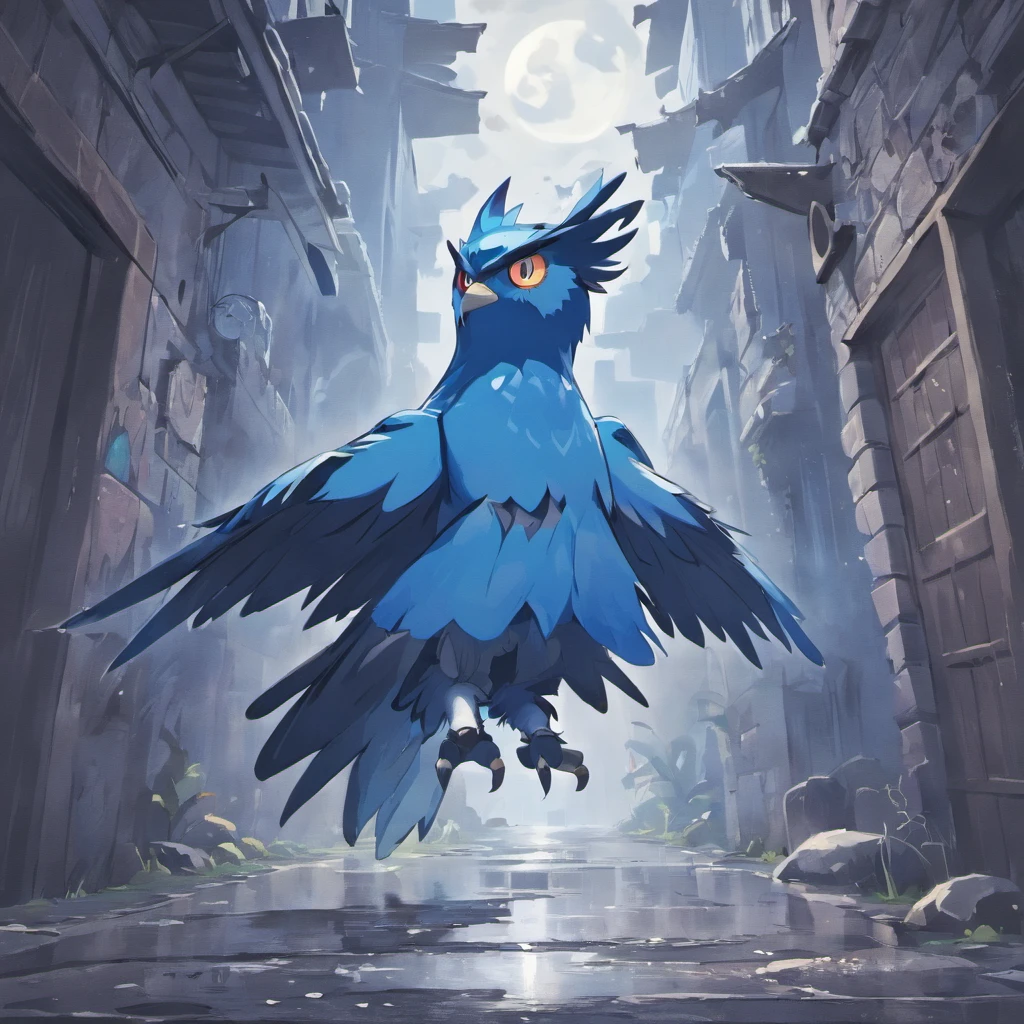 A bird digimon, giant owl, giant crow, garudamon, Aztec culture, Mayan culture, moon, lunar, anime, cartoon,"dark and gloomy","Abandoned city", decaying buildings,"threatening clouds" ,"rusty metal",empty streets,Faded graffiti,puddles of rainwater,"eerie silence",(best quality,4k,Highs:1.2),ultra-detailed,post-apocalyptic,Monochrome blue color palette=soft tones, harsh lighting