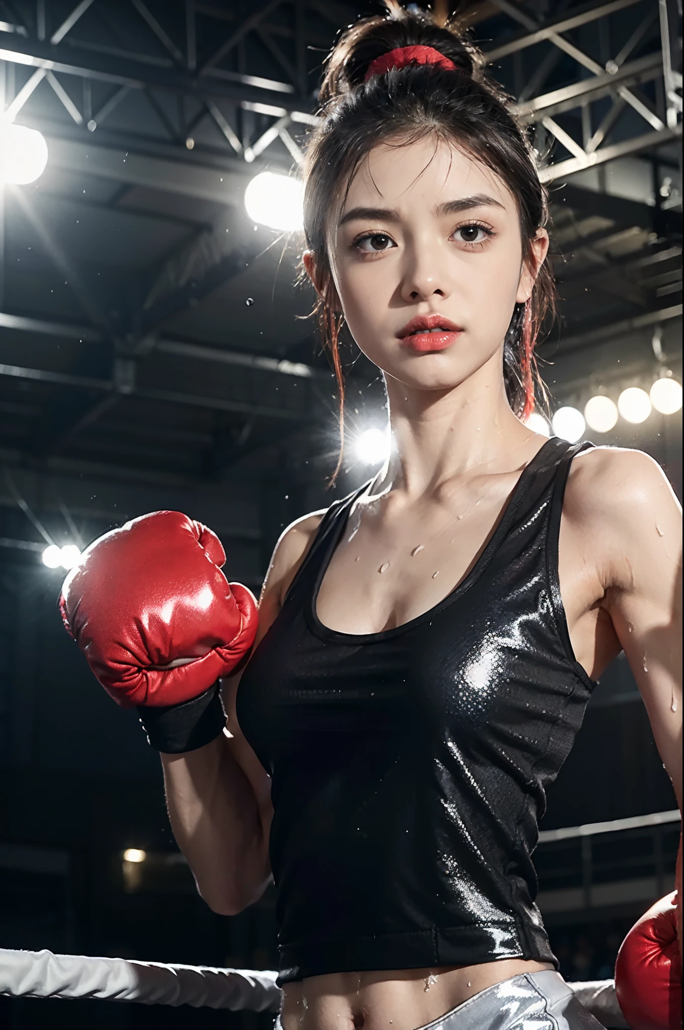 Masterpiece, top quality, (realistic, realistic: 1.4), (RAW photo: 1.2), very delicate CG Unity 8K wallpaper, very delicate beautiful, wonderful, boxing pose, attention to detail, official art, ridiculous, incredibly ridiculous, huge file size, very fine, very delicate, beautiful eyes and face, beautiful delicate eyes, light on face, a girl,(solo:1.3),(short ponytail:1.2), (pompom) navel, upper body,(shiny skin:1.5),(Red sports tank top:1.5), (boxing gloves on both hands:1.5), bare arms, Bangs ,In a large boxing stadium,Night view, bright lights,The stands were packed with spectators,warm atmosphere,Boxing Ring, ULZZANG-6500-v1.1,Small head, small face, slim, thin, shoulder length black straight short hair, small breasts, flat chest,smile,happy, powerful, (strong muscles:1.6),(sweat:1.7),ready to fight