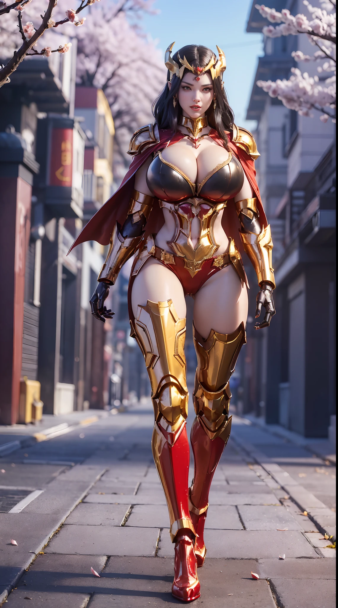 1GIRL, SOLO, (ssmile, makeup, beautifull eyes, red libs), (gold dragon helmet:1.4), (BIG BUTTOCKS, HUGE BOOBS:1.4), (DRAGON GUARD ARM, GLOVES), (red, black), (MECHA CYBER SHINY ARMOR SUIT, ROYAL CAPE, CLEAVAGE, SKINTIGHT HOTPANTS, HIGH HEELS:1.4), (MUSCULAR BODY, SEXY LONG LEGS, FULL BODY:1.5), (MUSCLE ABS:1.2), (LOOKING AT VIEWER:1), (WALKING DOWN ON STREET CHERRY TREES IN THE MORNING:1.3), PHYSICALLY-BASED RENDERING, ULTRA HIGHT DEFINITION, 8K, 1080P.