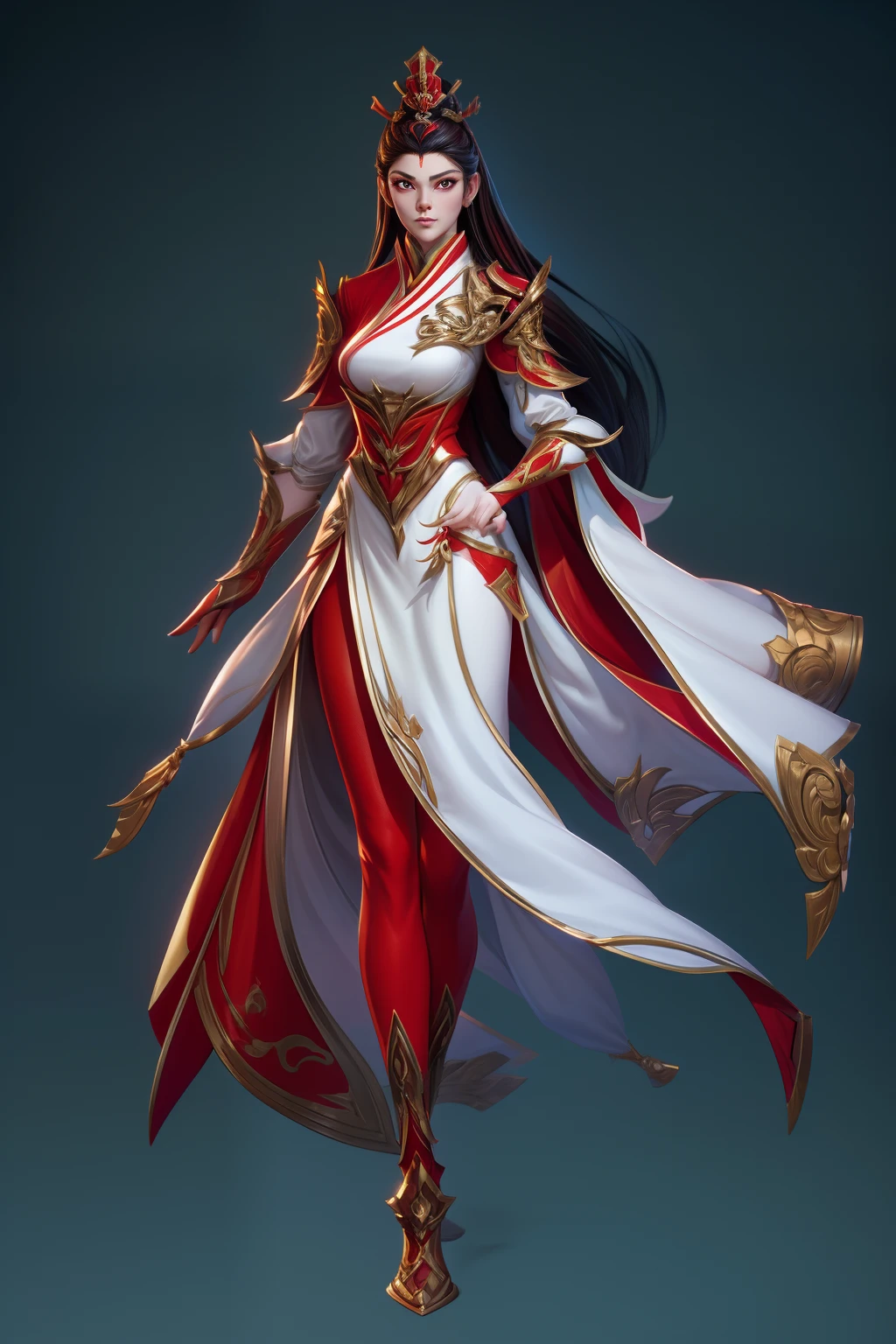 solo, super fine photo, full body digital art Unreal Engine 5 8K UHD of a girl, concept art, character concept design, wearing red and white tight China suit with metallic armor details, long black glove, long Chinese hair, best quality, masterpiece, super detailed, sharp focus, female pose