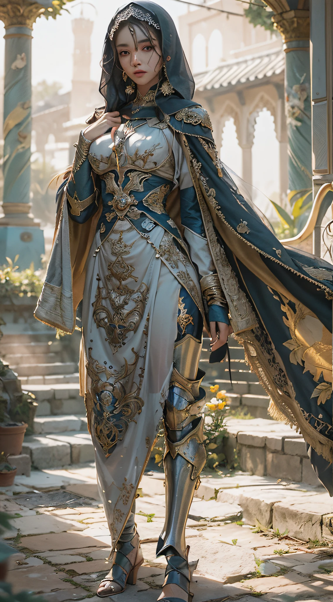 a beautiful woman, wearing cape hijab, whole body covered by battle armor, standyng on the flower garden in front yard of a mosque, holding sword, elegant style pose, kpop idol face, perfect face, perfect body, big chests,