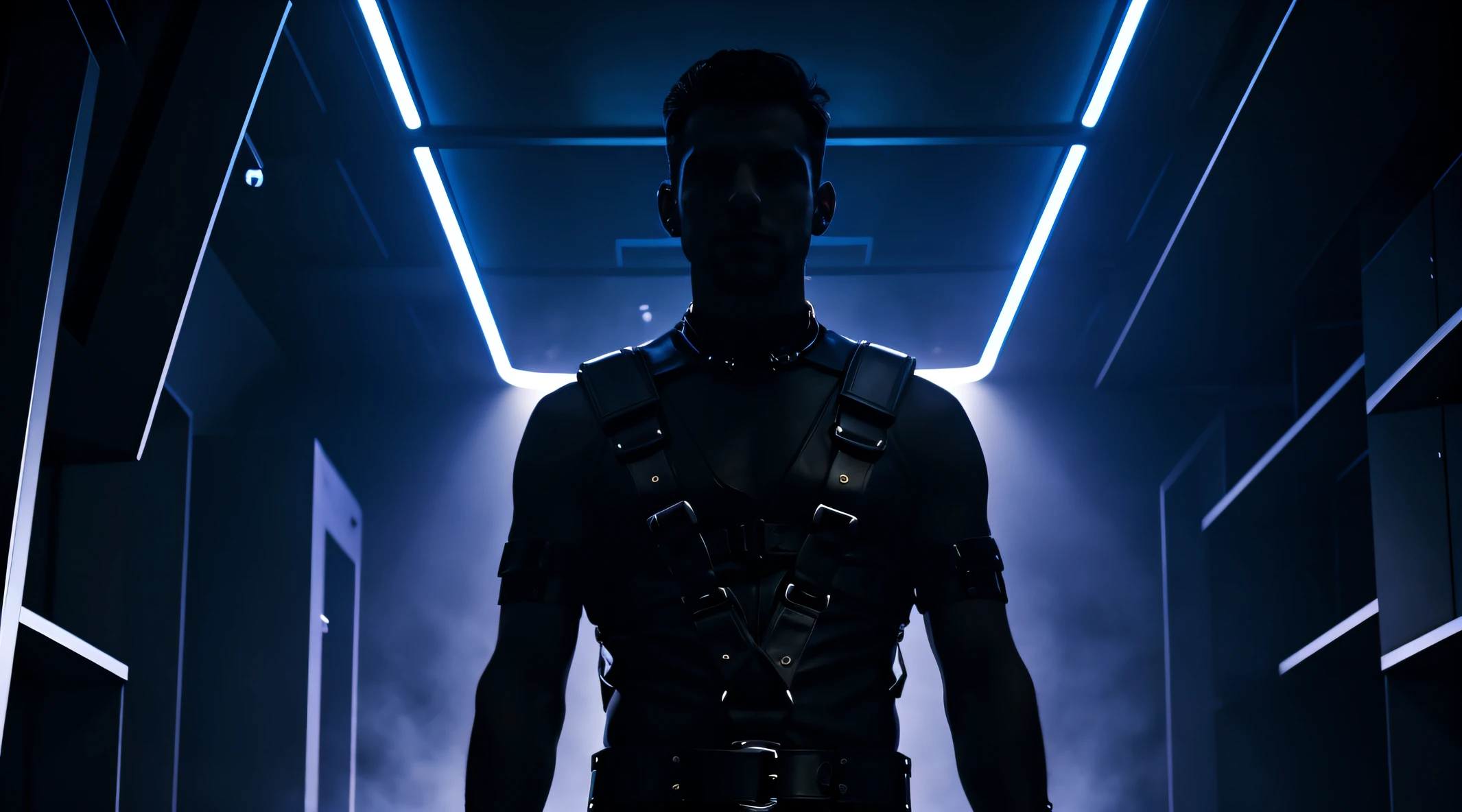 spaceship, dark vibes, night, spooky techno men, leather harness, no shirt, raver, techno,