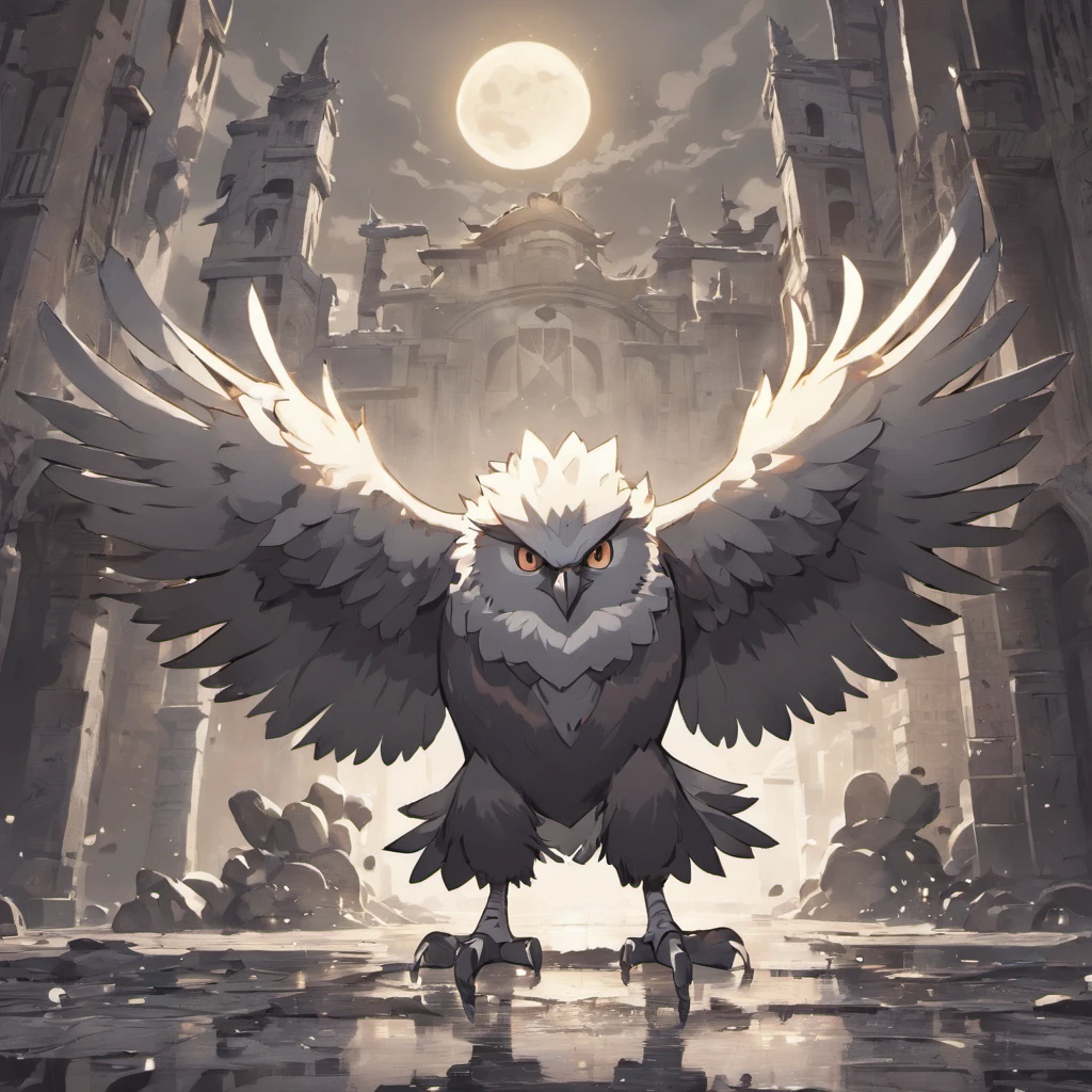 A monster bird digimon, giant owl, giant crow, garudamon, Aztec culture, Mayan culture, moon, lunas, anime, cartoon,"dark and gloomy","Abandoned city", broken glass shards, decaying buildings,"threatening clouds" ,"rusty metal",empty streets,Faded graffiti,puddles of rainwater,"eerie silence",(best quality,4k,Highs:1.2),ultra-detailed,post-apocalyptic,Monochrome color palette=soft tones, harsh lighting