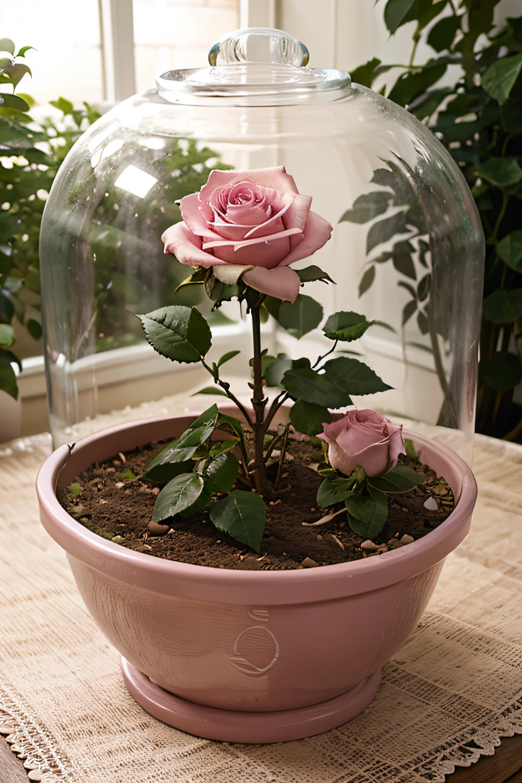 pastel pink rose, planted in a pot, glass garden, realistic