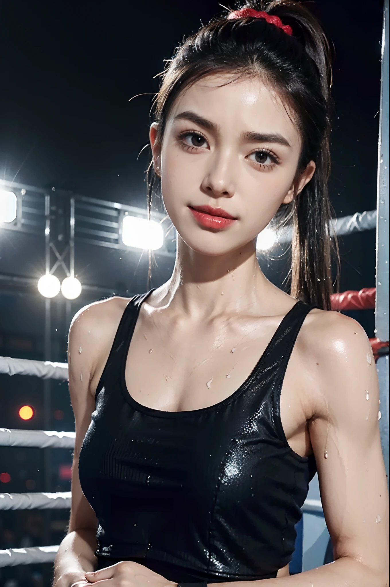 Masterpiece, top quality, (realistic, realistic: 1.4), (RAW photo: 1.2), very delicate CG Unity 8K wallpaper, very delicate beautiful, wonderful, boxing pose, attention to detail, official art, ridiculous, incredibly ridiculous, huge file size, very fine, very delicate, beautiful eyes and face, beautiful delicate eyes, light on face, a girl,(solo:1.3),(short ponytail:1.2), (pompom) navel, upper body,(shiny skin:1.5),(Red sports tank top:1.5), (boxing gloves on both hands:1.2), bare arms, Bangs ,In a large boxing stadium,Night view, bright lights,The stands were packed with spectators,warm atmosphere,Boxing Ring, ULZZANG-6500-v1.1,Small head, small face, slim, thin, shoulder length black straight short hair, small breasts, flat chest, serious, powerful, (strong muscles:1.6),(sweat:1.7),ready to fight