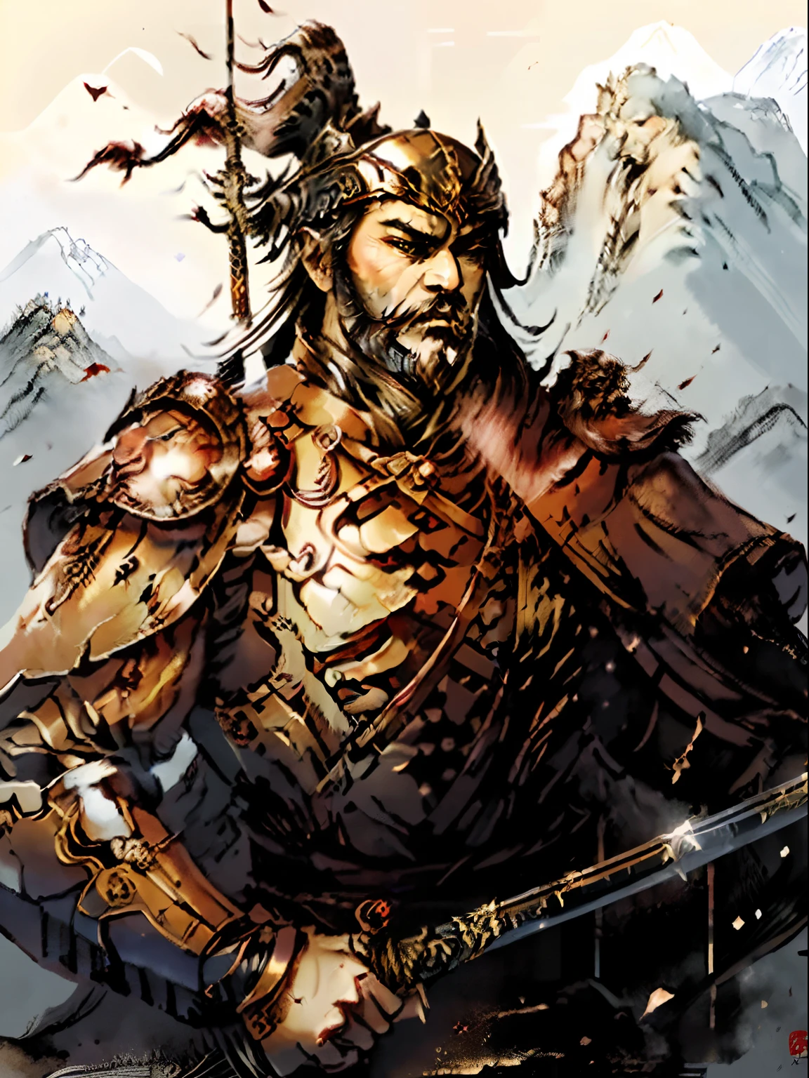 ember,The beard is longer,The expression is solemn,Wearing an iron helmet,There is murderousness,Ancient generals,Wearing armor,Magnificent mountains and rivers,Mighty and majestic,Classic Chinese art style,Take a saber,dynamic movements,Classic Chinese art style,Ancient costumes