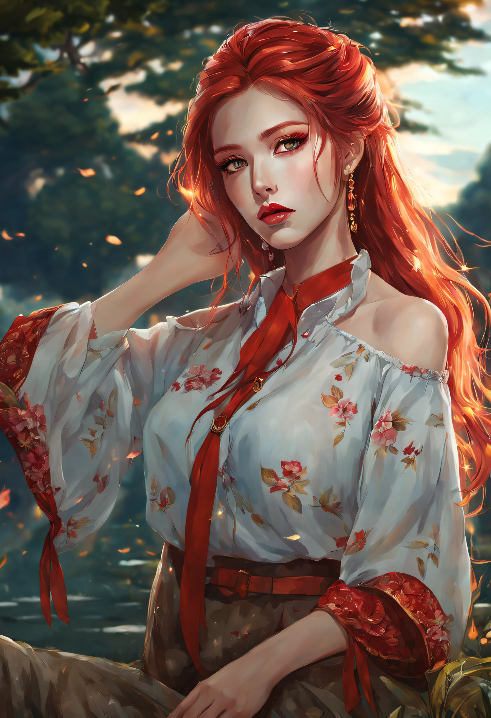 masterpiece,best quality,1girl,landscape,night,long sleeves,bare shoulders,long pants,loose pants,printed shirt,red hair,amber eyes,thick lips,long eyelashes,eyeshadow,red eyeliner,long_braid_hairstyle,(masterpiece:1.3), (award winning:1.1), (best quality, high quality, highres, ultra detailed, high detailed, colorful, absurdres:1.1)