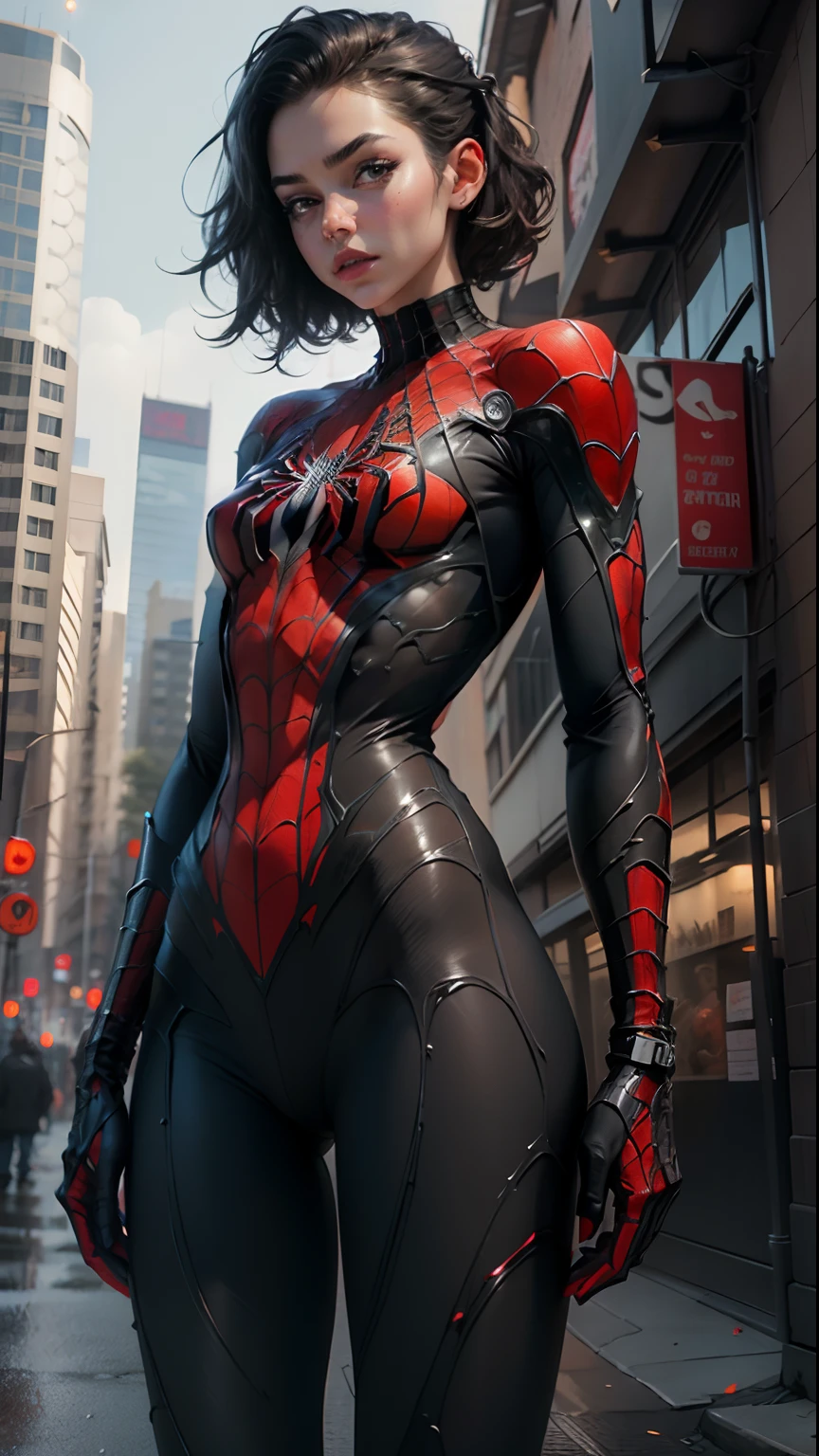 Beautiful woman detailing outlined body with Spider-Man cosplay, little chest, Cyber Spider-Man, Photo model, morning, Razhimanda Pike