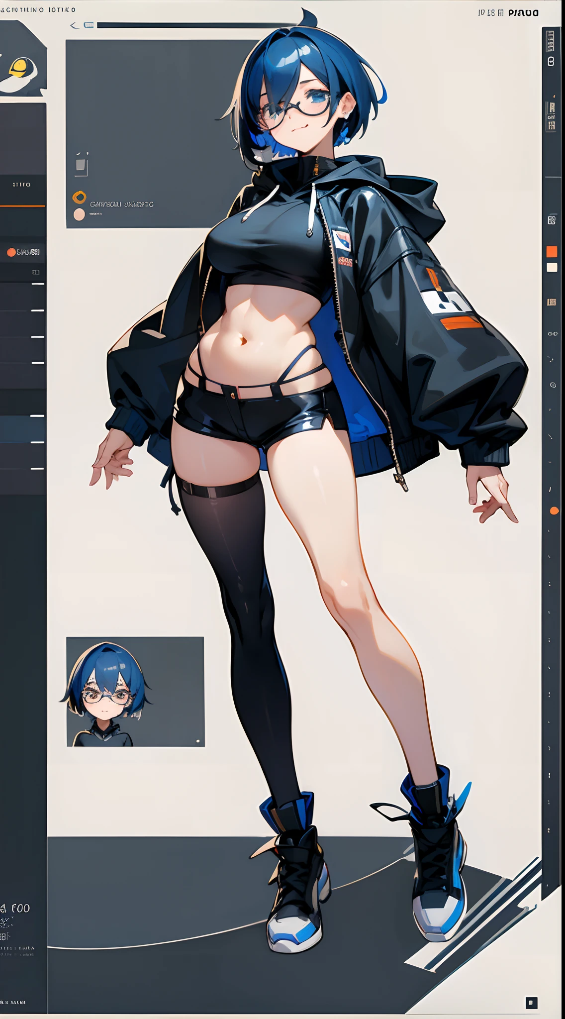 {1girl}},{{{full body}}},{solo},{expressions face,multi angle,reference sheet},{standing},{{{white background,simple background}}},Dark blue hair, bold streaked blonde hair, short hair, (((medium breasts))), Navel exposed, plump thighs, tareme, glasses, light smile, fang, Black leather short pants,dark thigh high socks,  musical note earrings,ware over a long front-opening hoodie,ware over a penguin hoodie, take off the hood, blue cropped shirt, ((((masterpiece)))), high quality, very_high_resolution, ulutra detailed, large_filesize, full color, anatomically correct