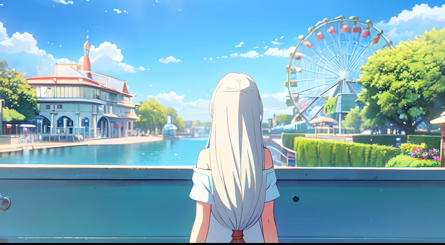 masterpiece, 1girl, mature lady, solo, really long hair, white hair, back view, (flower hair ornament), off shoulder light blue blouse, amusement park, play ground, blue sky