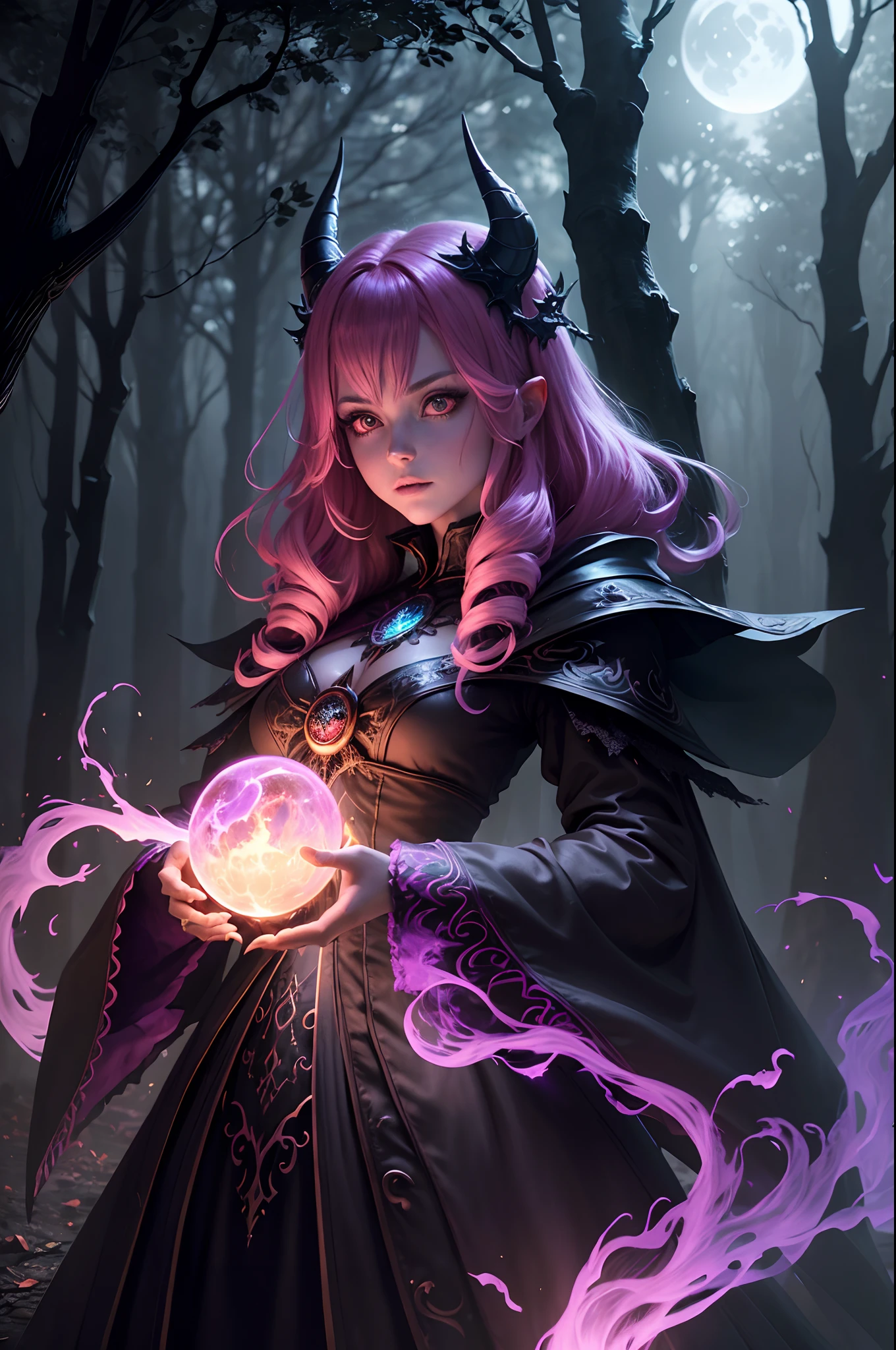 (a pink-haired demon woman,spells:1.1,glowing:1.1)(illustration)(best quality,ultra-detailed,realistic:1.37),demonic witch(demonic:1.1)(magic:1.1)(forest)(dark and mysterious,ominous atmosphere),casting powerful spells,creating magical energy(magic:1.1),vibrant pink hair(swirling pink hair)(flowing pink hair),horns(devil horns:1.1),piercing red eyes,enchanted scepter(magical scepter),elaborate dark robe,glowing magical sigils,fiery embers swirling(magical embers:1.1)(glowing embers),magical aura(glowing aura),eerie shadows,otherworldly presence(presence),sinister smile,nightfall in the background(dark night:1.1)(moonlit forest),lush and dense foliage(twisted trees)(mystical plants:1.1),mystical particles(swirling particles)(floating particles),ethereal glow(ethereal:1.1)(soft glow),faint moonlight breaking through the trees,haunting and captivating(scary atmosphere),bewitching beauty,wide range of colors(vivid colors)(contrasting colors),mystical realm,impressive details,dynamic composition,mesmerizing artwork,photorealistic style(picasso style),impressive shading and lighting,explosive energy,magical atmosphere(fantasy atmosphere),dreamlike scene