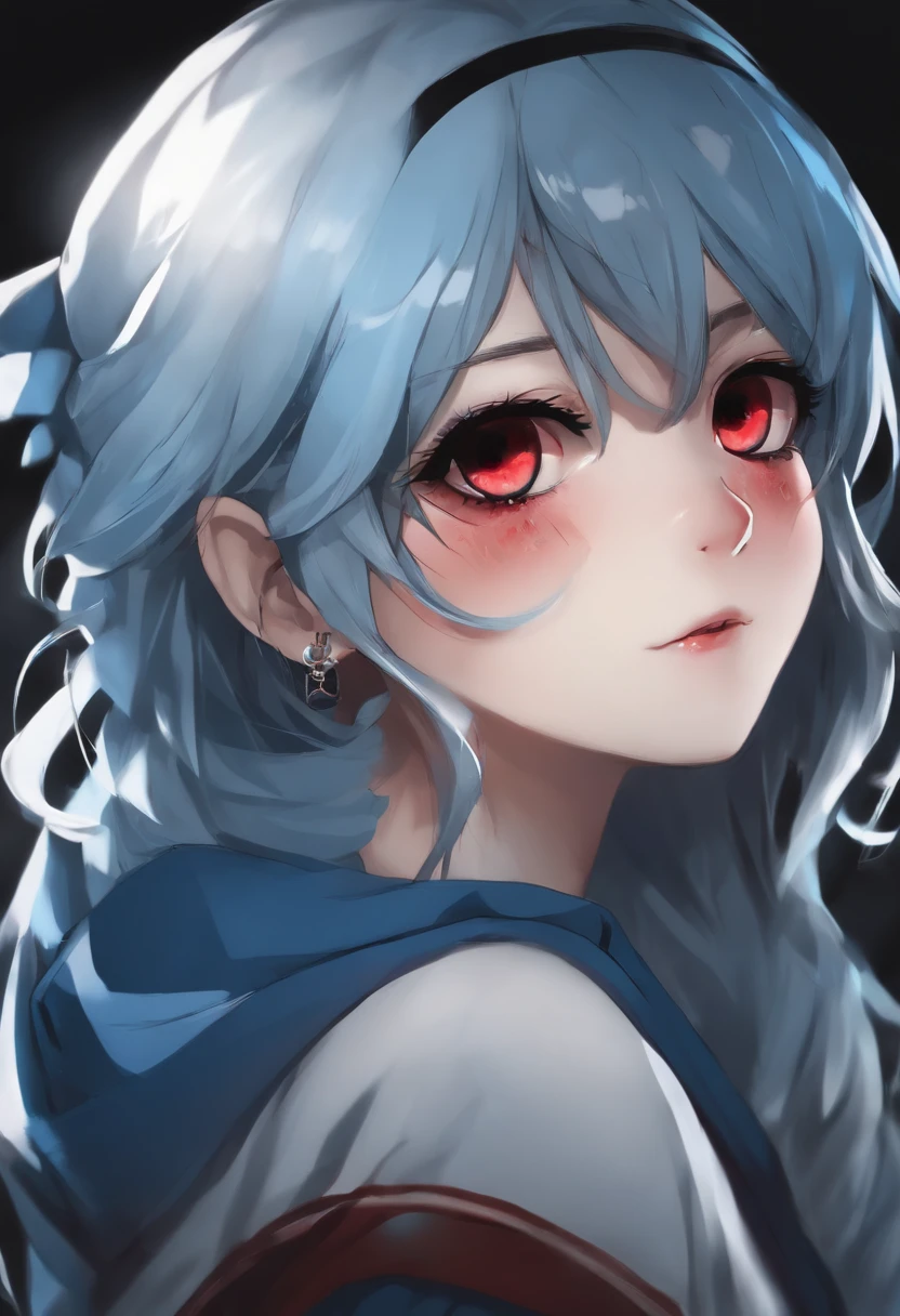 anime girl with blue hair and black eye and black eye patch, portrait gapmoe yandere grimdark, sad cerulean eyes, gapmoe yandere grimdark, with glowing eyes, she has tired eyes, black anime pupils in her eyes, made with anime painter studio, with red glowing eyes, with glowing red eyes, 2 d anime style, flat anime style shading