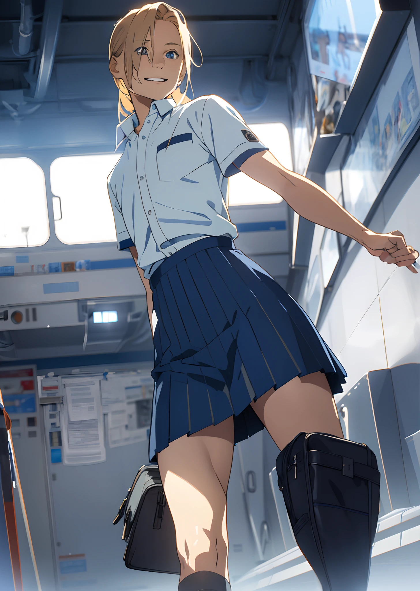 Cute femboy, Boy's ((1Solo boy)) figure Striped underwear exposed, pants, skirt pulled up, ((miniskirt, thighs, flat chest)) Bag, bottom, side of panties, flat chest Underwear visible Blonde, long hair Blue eyes Flat chest Glossy skin Blue eyes Cute face Uniform in a miniskirt (Male bulge) (Male bulge) Composition from below Looking away Not looking at the camera Looking away Smiling Good mood Fun Uniform appearance