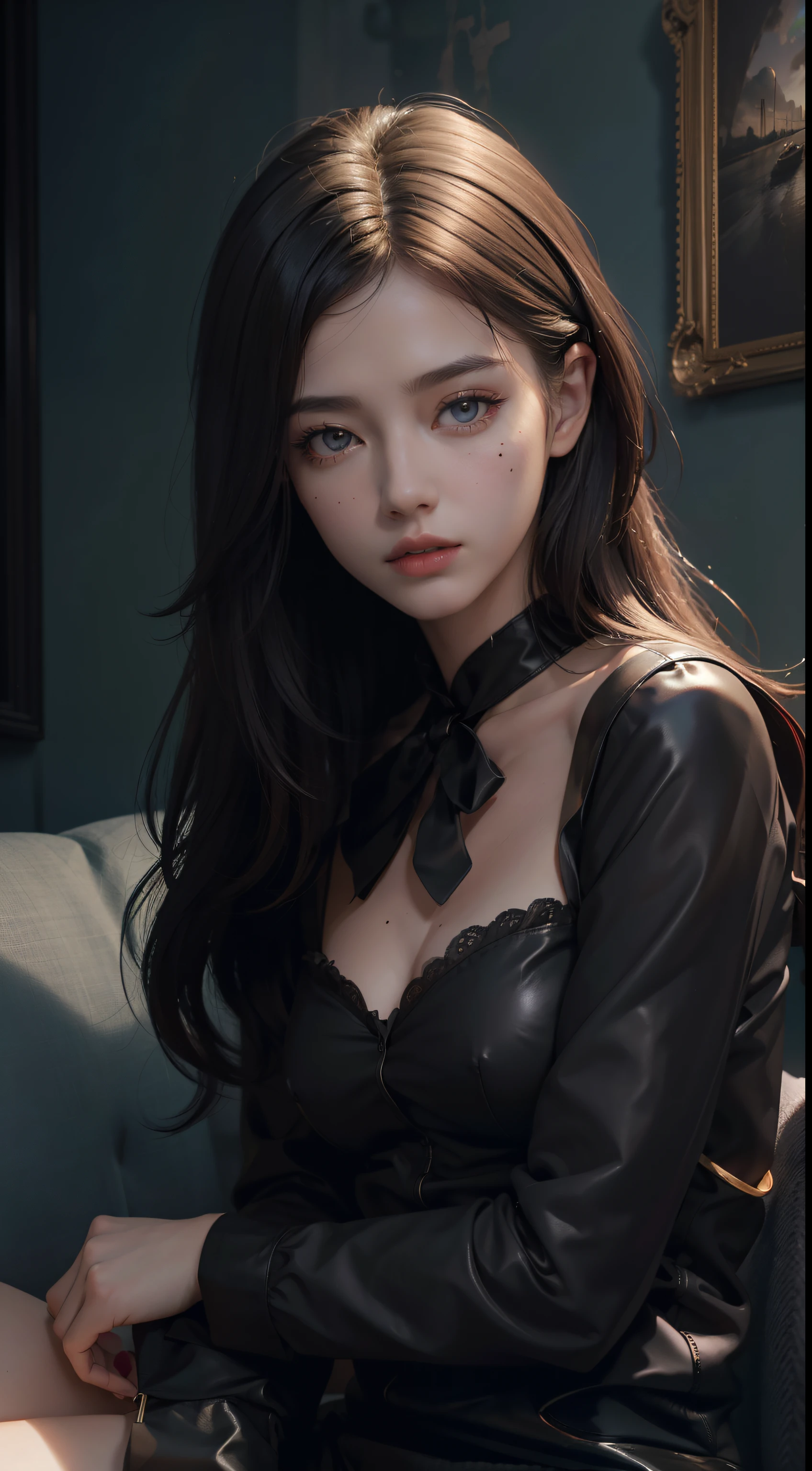 (Hyper-realistic), (Illustration), (High resolution), (8K), (Extremely detailed), (Best Illustration), Yol ( chain saw man ), (Beautiful detailed eyes), (Best Quality), (Ultra-detailed), (masutepiece), (Wallpaper), (Detailed face), Solo, Upper body, Focus on Face, 1 girl, Long Black Hair, Korean, Thin eyeshadow, A detailed eye, Brown eyes, Small moles under the eyes, very slender legs,Long sleeve shirt, Neckbow,  Small breasts,Black leather shoes, Dynamic Pose, low illuminance, Night, Dark, Clouds, a dark night,sit on sofa,Drinking black tea,